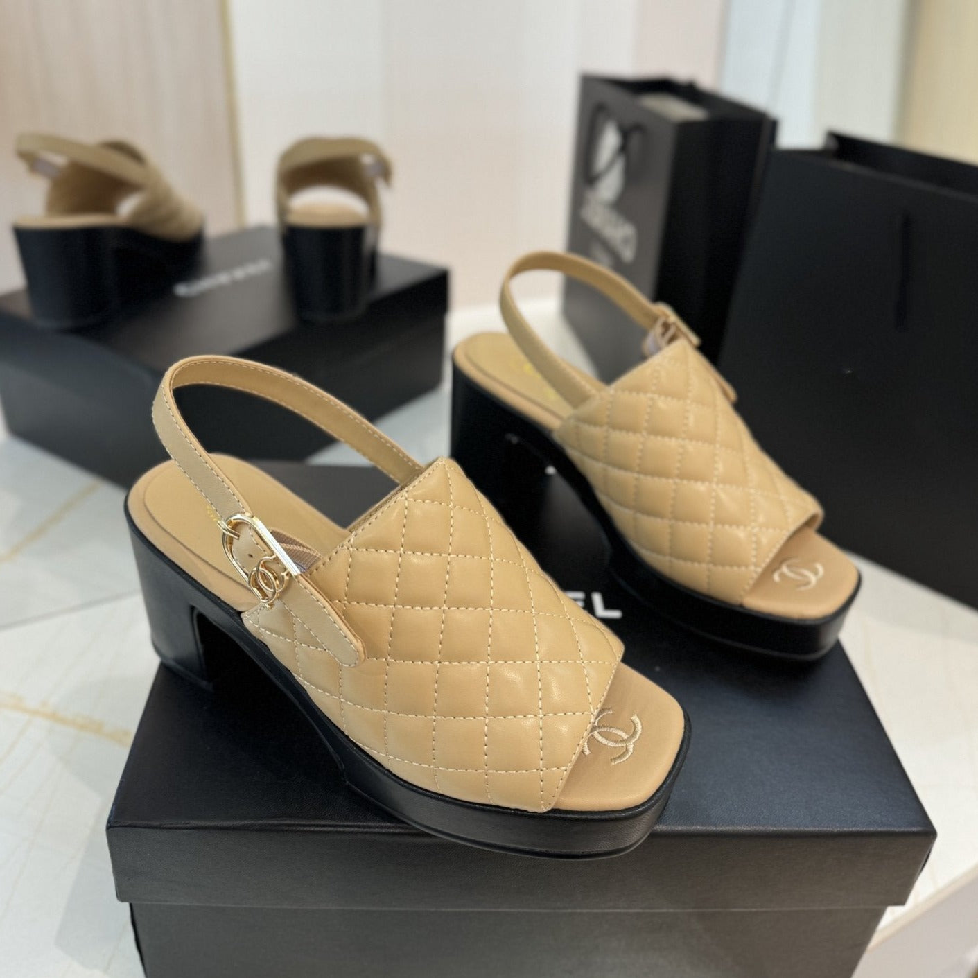 high heel 100 slingback sandal beige black quilted calfskin