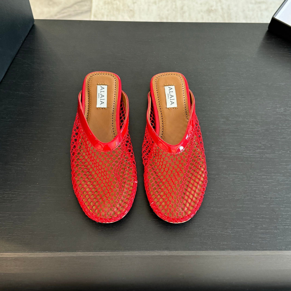 flat mule fishnet red lambskin