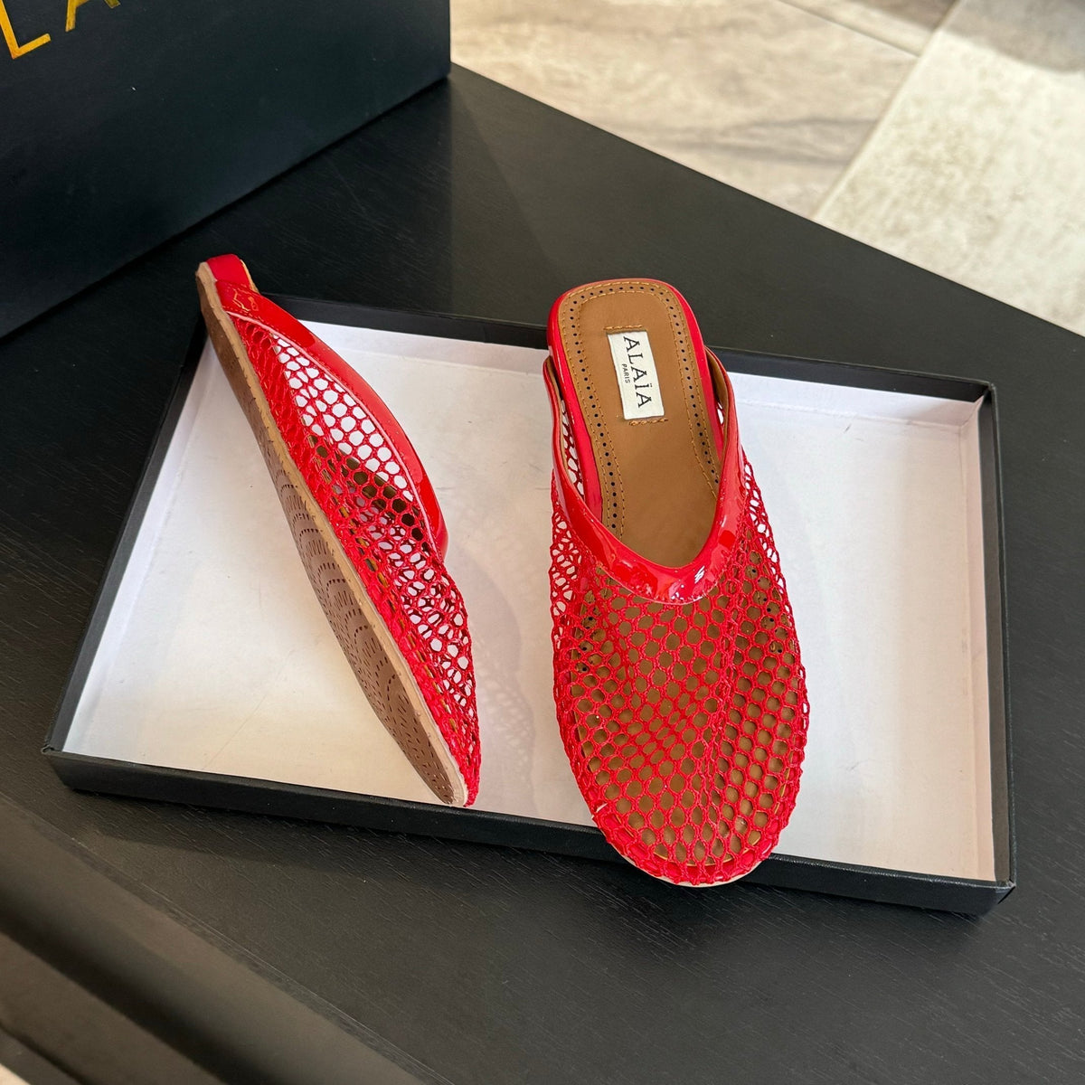 flat mule fishnet red lambskin