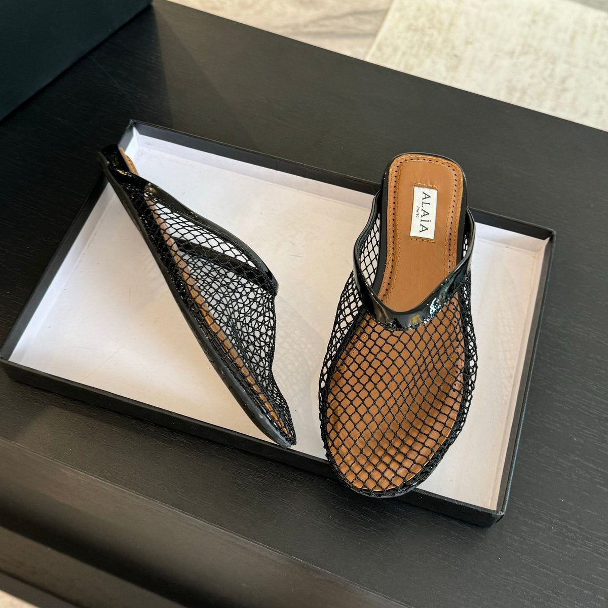 flat mule fishnet black lambskin