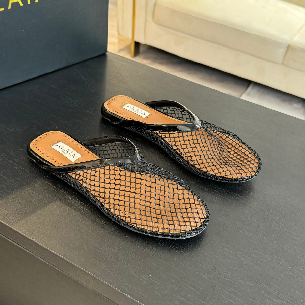 flat mule fishnet black lambskin