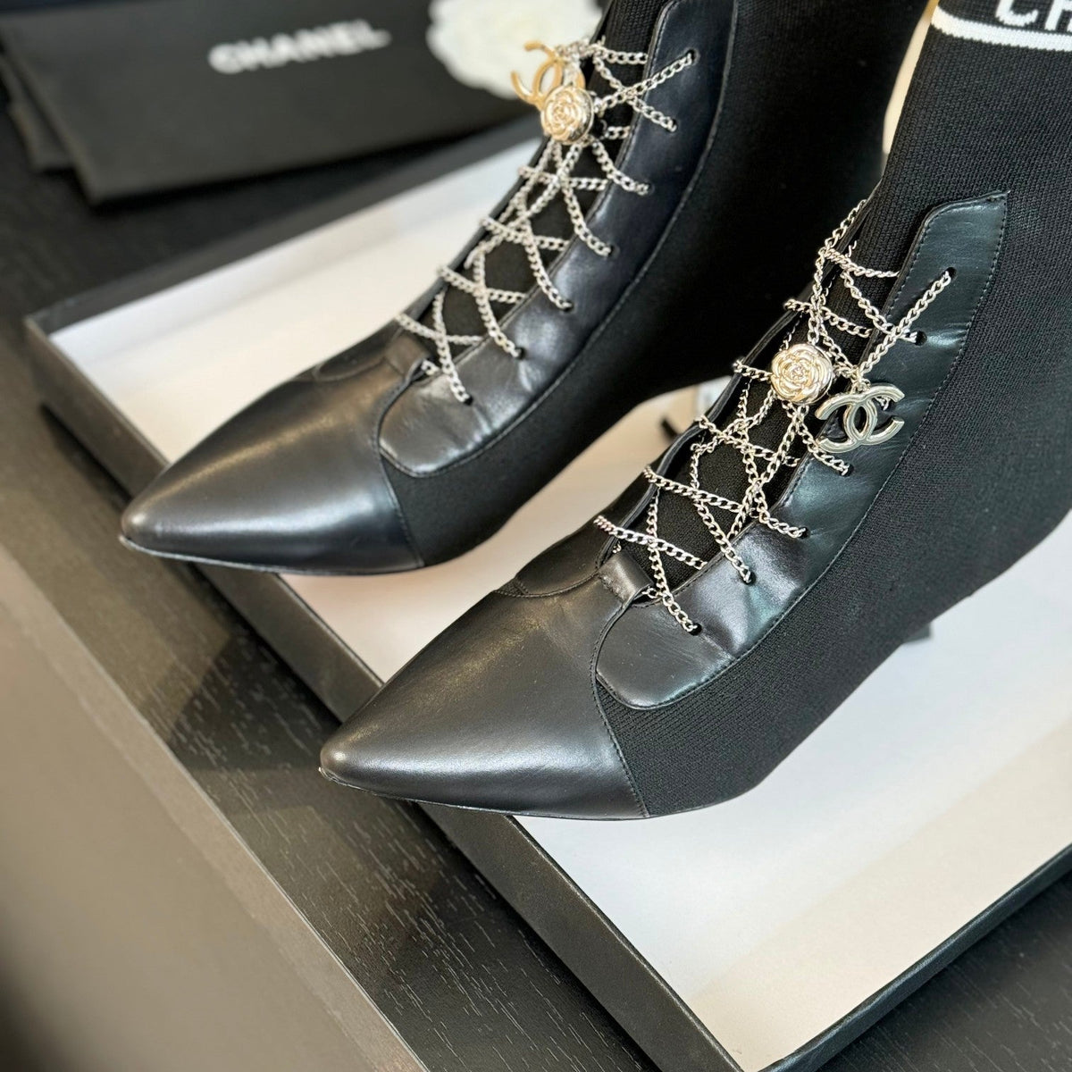 CC Ankle Boots Black Chain Wool And Lambskin