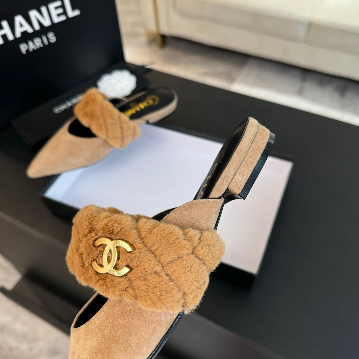 CC MULE IN SEPIA BEIGE SMOOTH FLEECE WITH GOLD HARDWARE