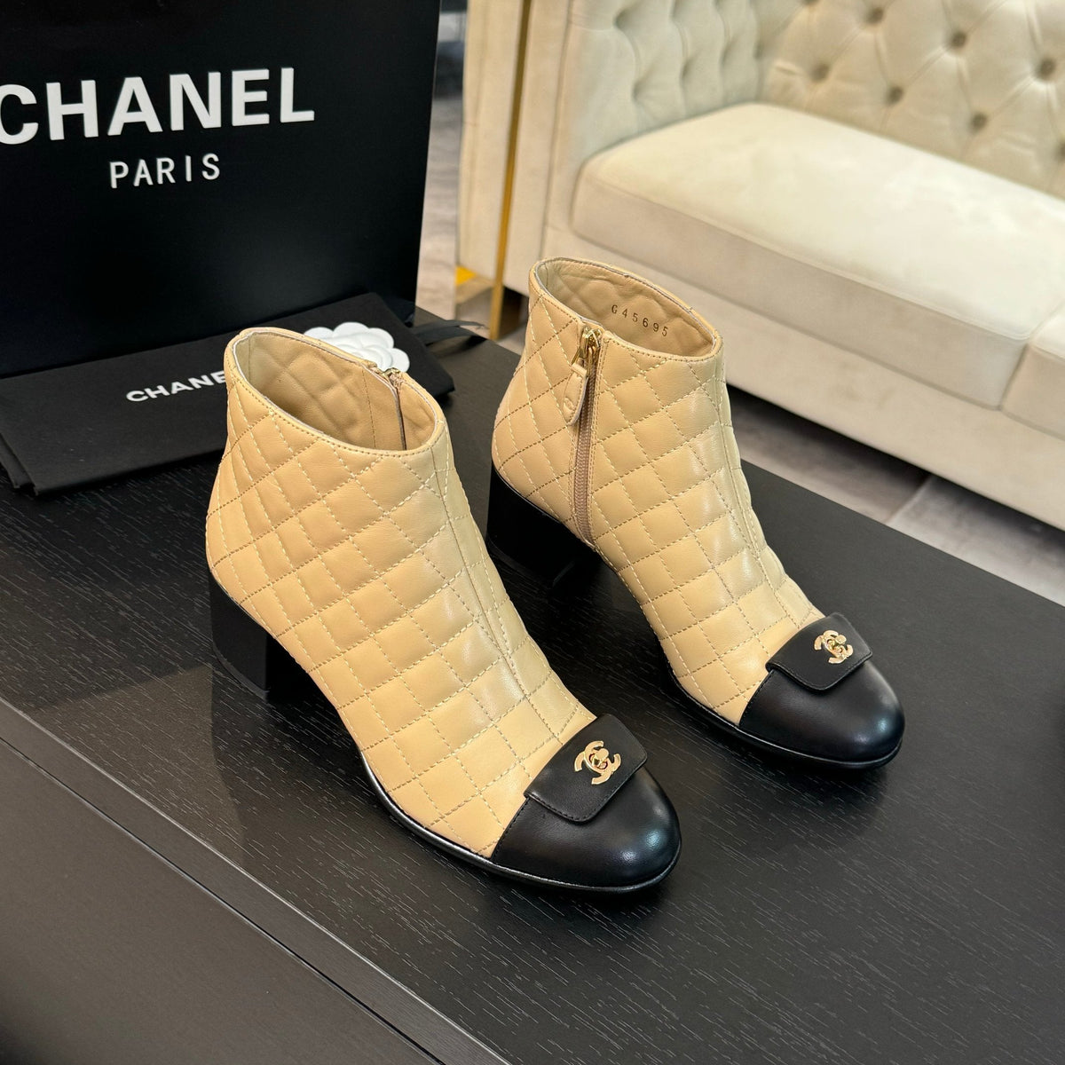 CC Ankle Boots 50mm Beige Black Quilted Lambskin
