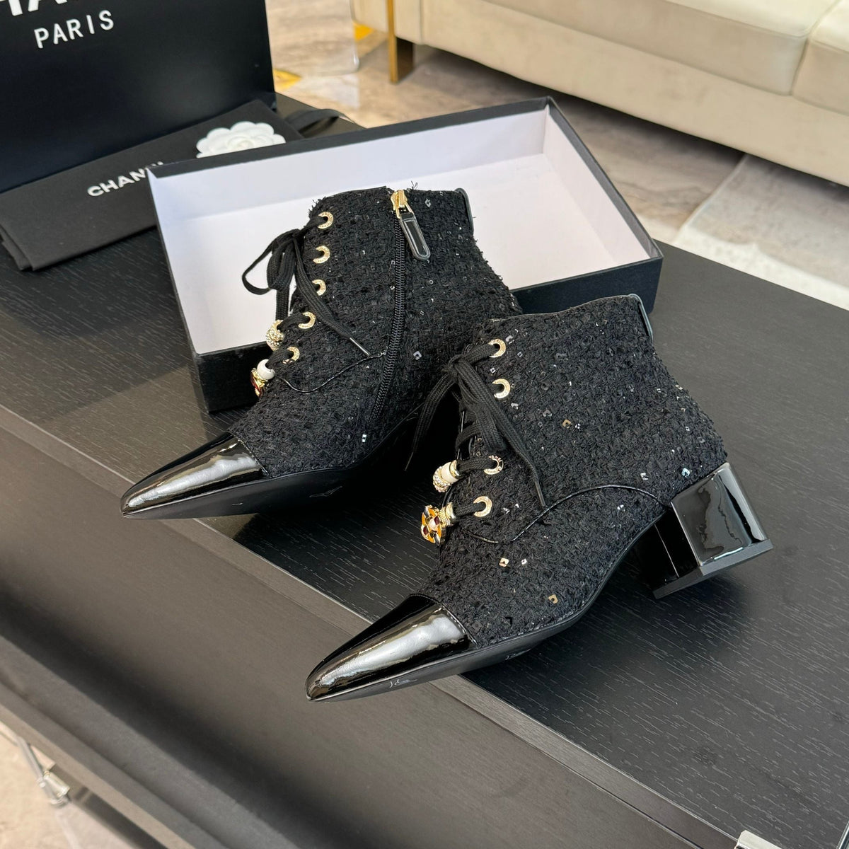 CC Ankle Boots Black Beaded Tweed Fabric And Lambskin