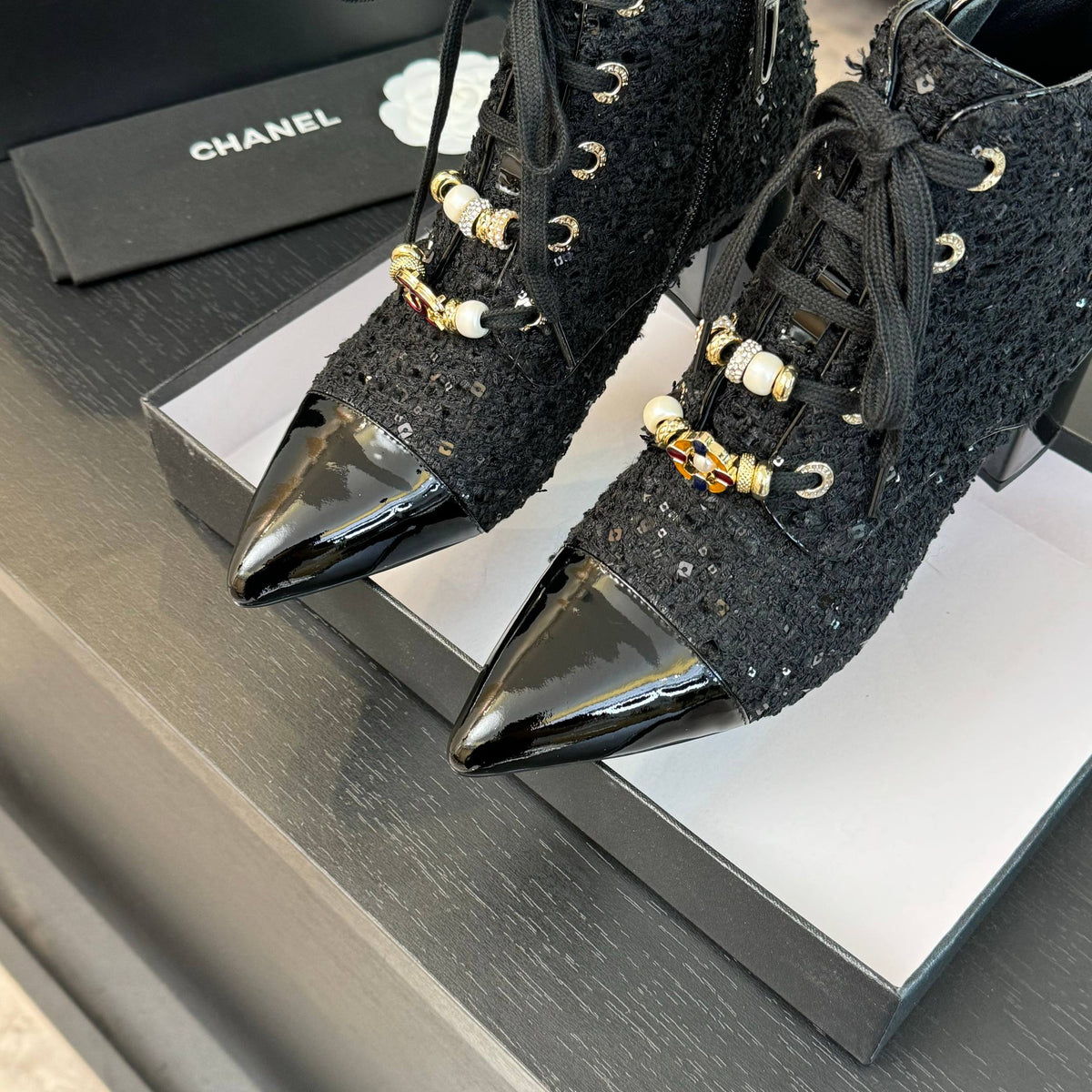 CC Ankle Boots Black Beaded Tweed Fabric And Lambskin