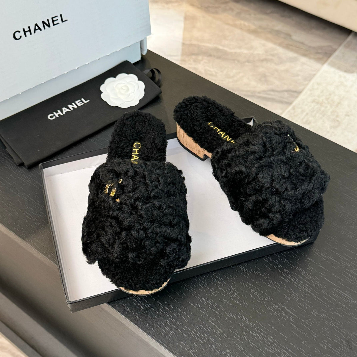 CC Slippers Black Fleece Wool