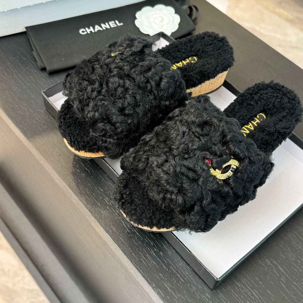 CC Slippers Black Fleece Wool
