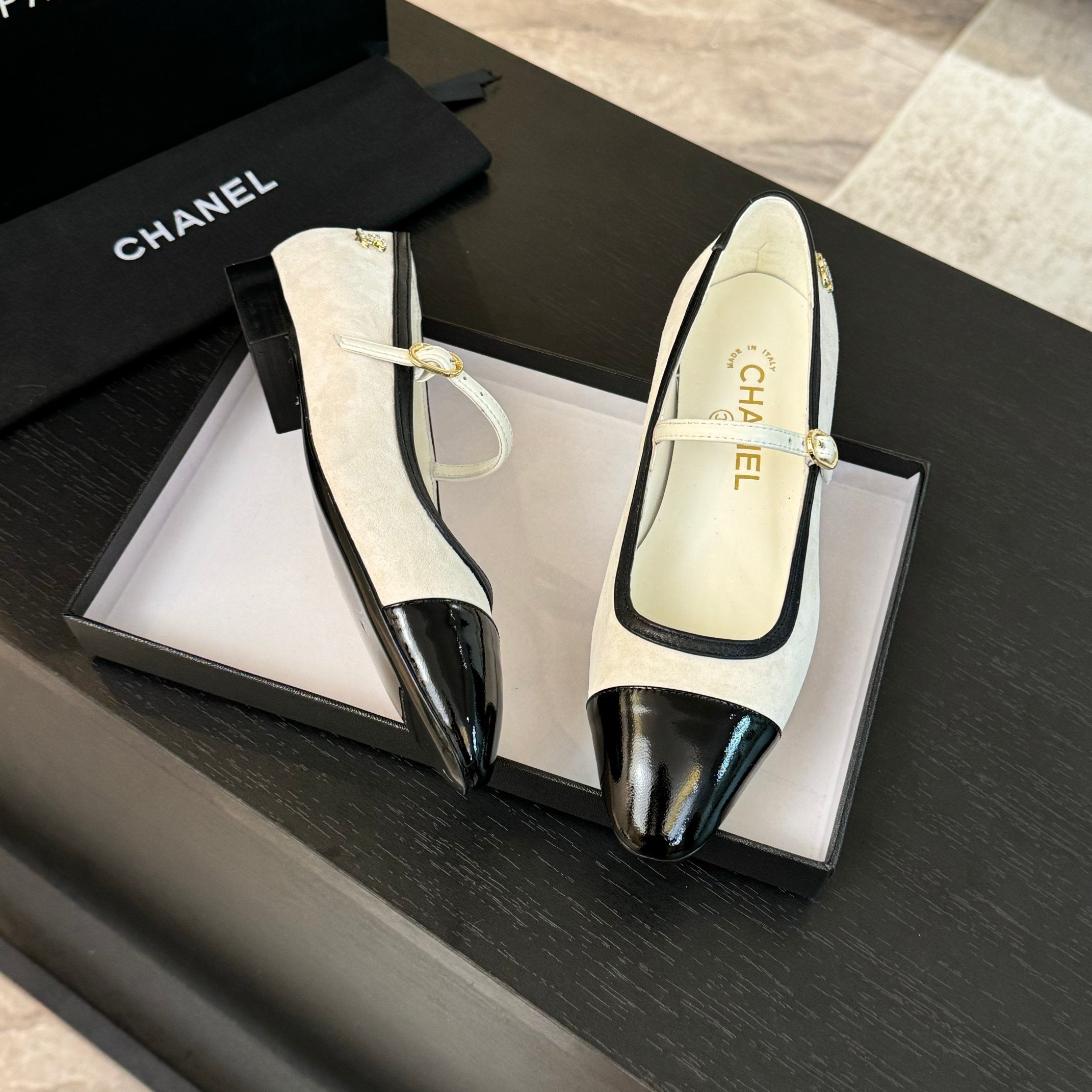 CC Mary Jane Black White Suede