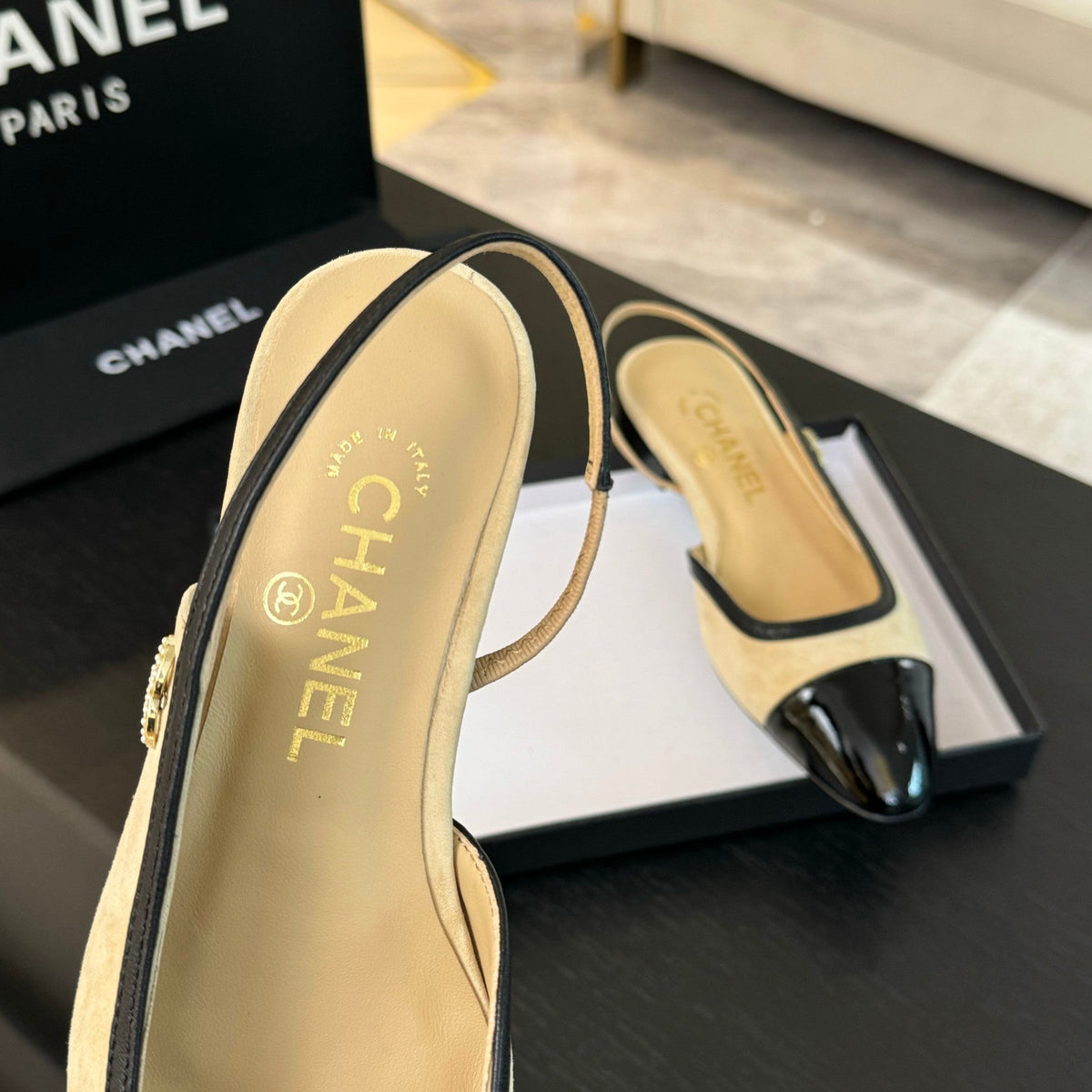 CC Slingback Black Beige Suede