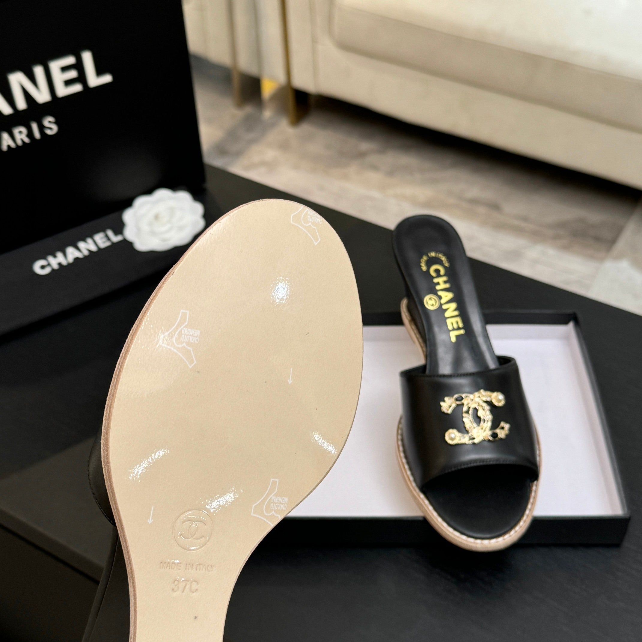 CC 2026 Wedge Sandals 65 Black Lambskin Gold Black Logo 667764