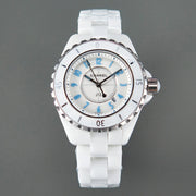 J12 Date Quartz White Ceramic Blue Numerals White Dial