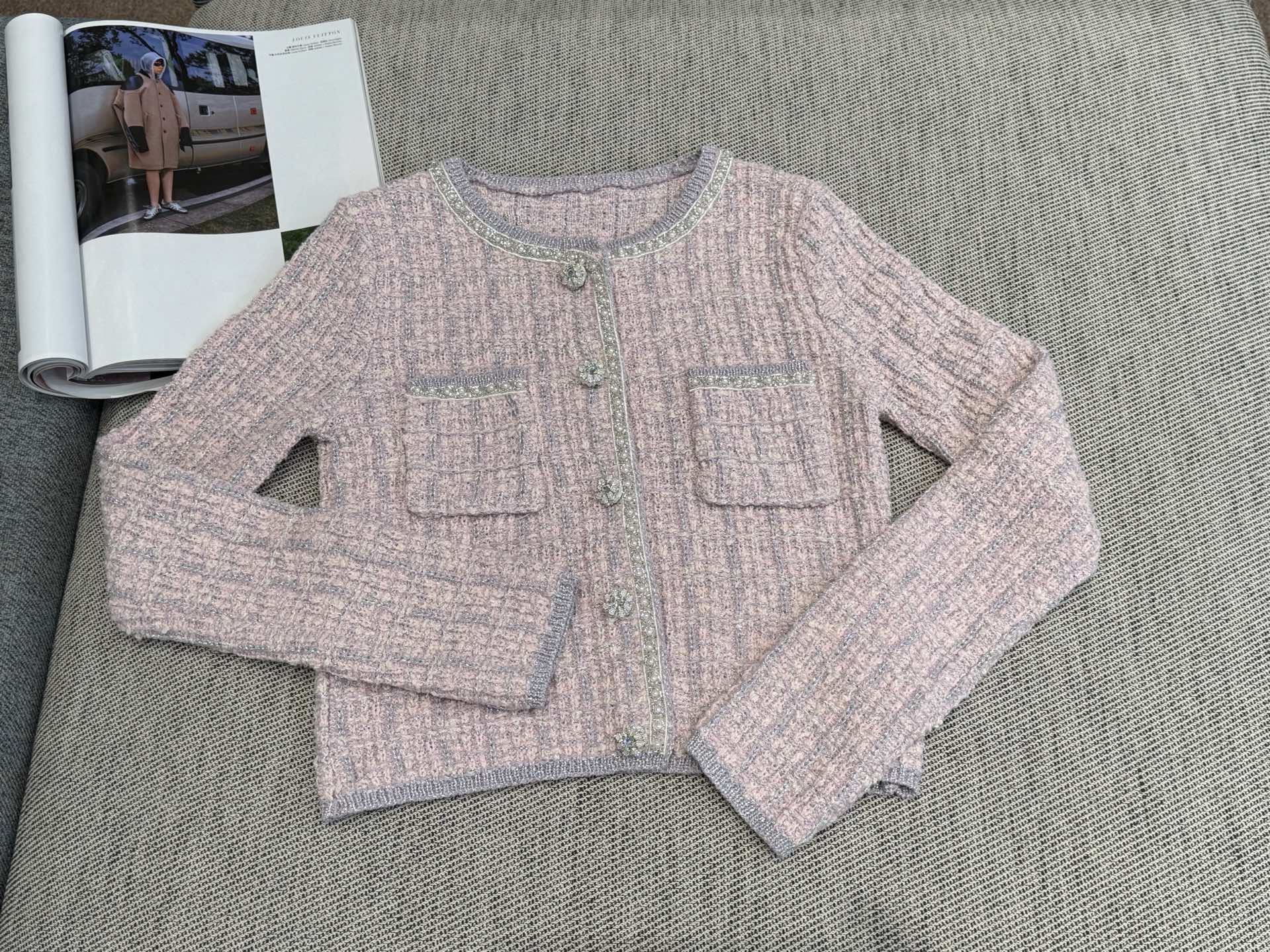 CC Tweed Beaded Coat Pink White Cotton Acrylic 251307