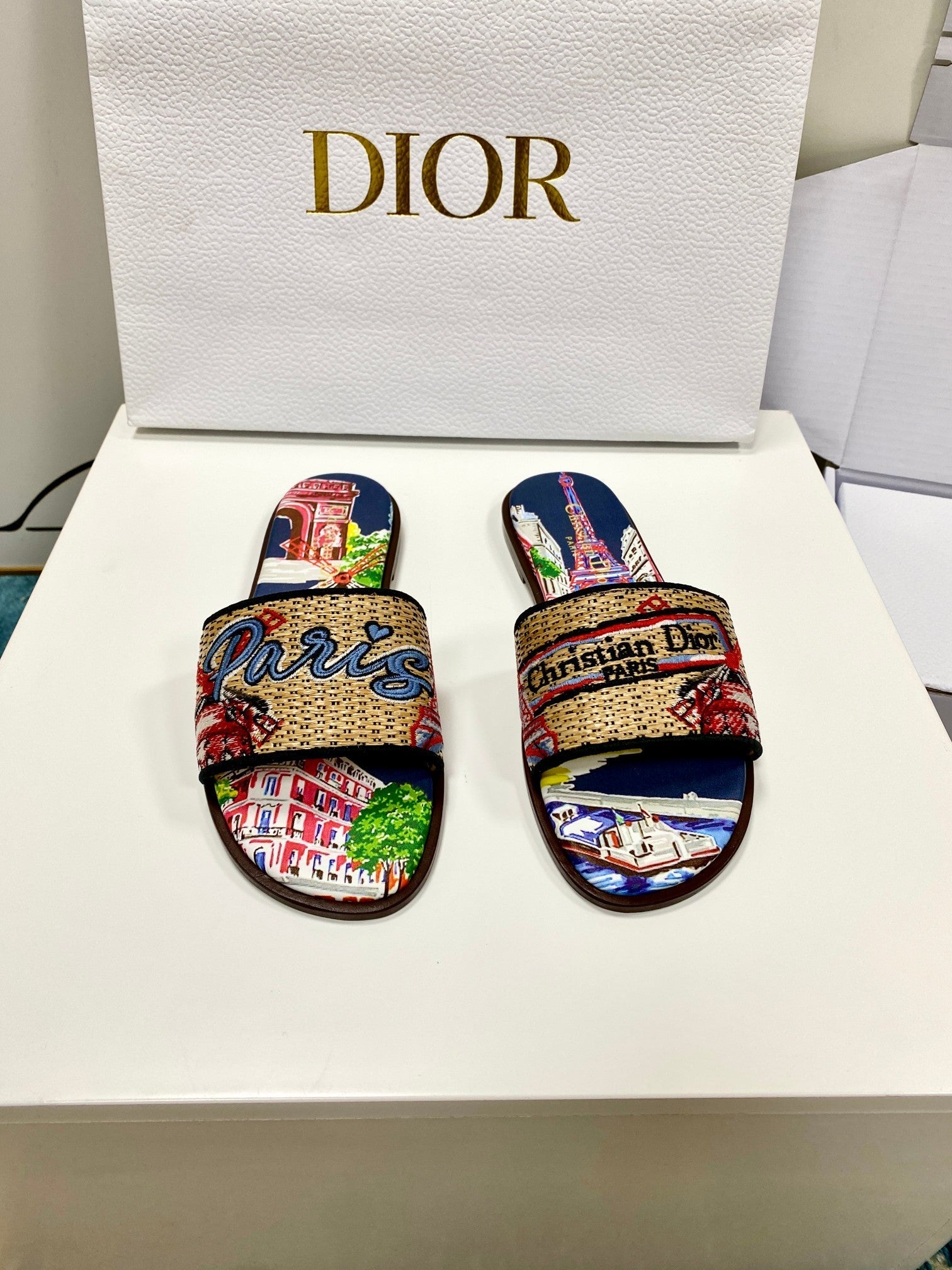 CD 26s Embroidered Sandals Beige Multicolor Canvas Leather 683009