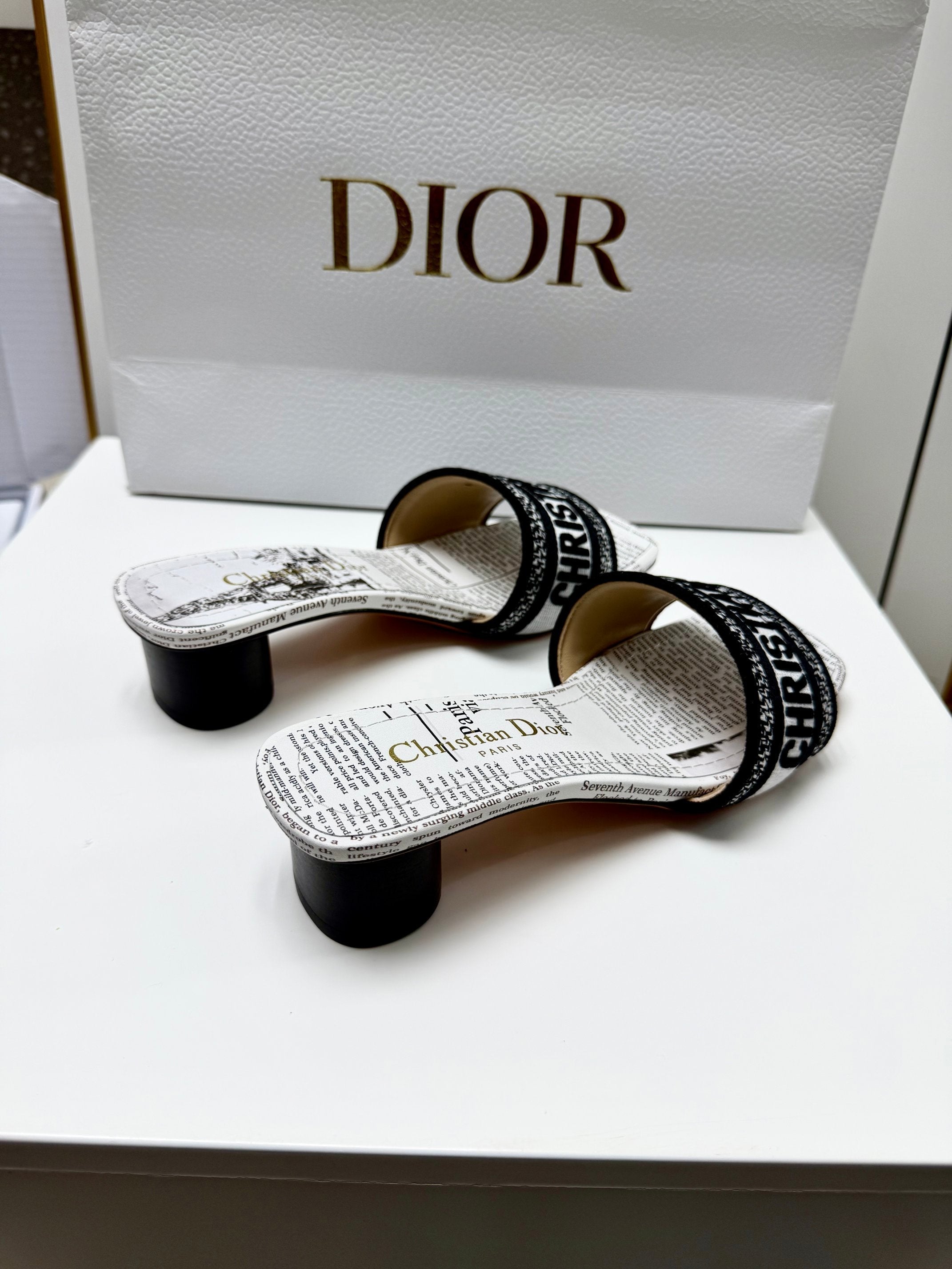 CD 26s Embroidered Slippers Black White Canvas Leather 683019