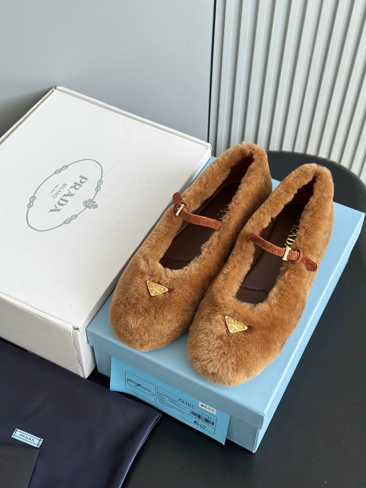 Prada 25s Mary Jane Ballet Flats Caramel Brown Wool 538455