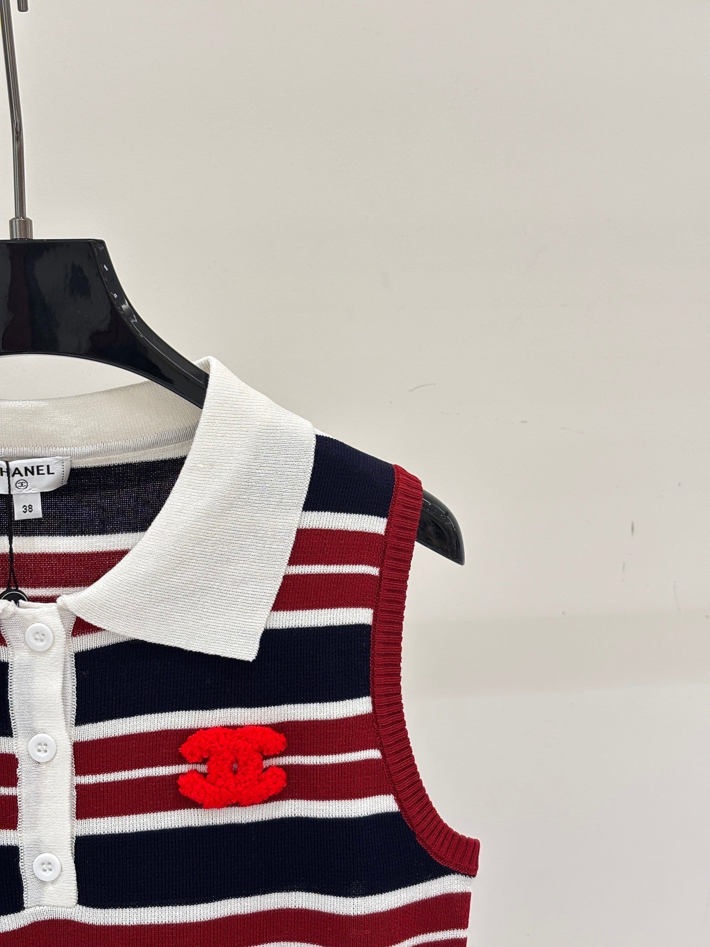 Chanel 2026 Striped Vest With Double C Logo Red White Blue Wool 394731