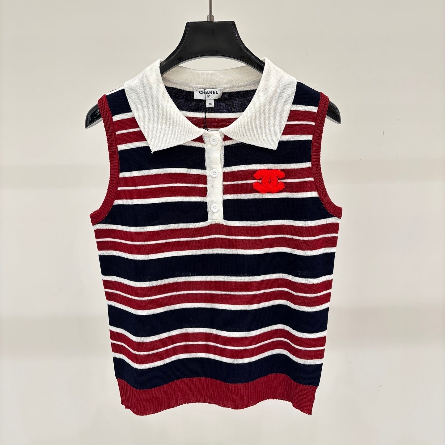 Chanel 2026 Striped Vest With Double C Logo Red White Blue Wool 394731