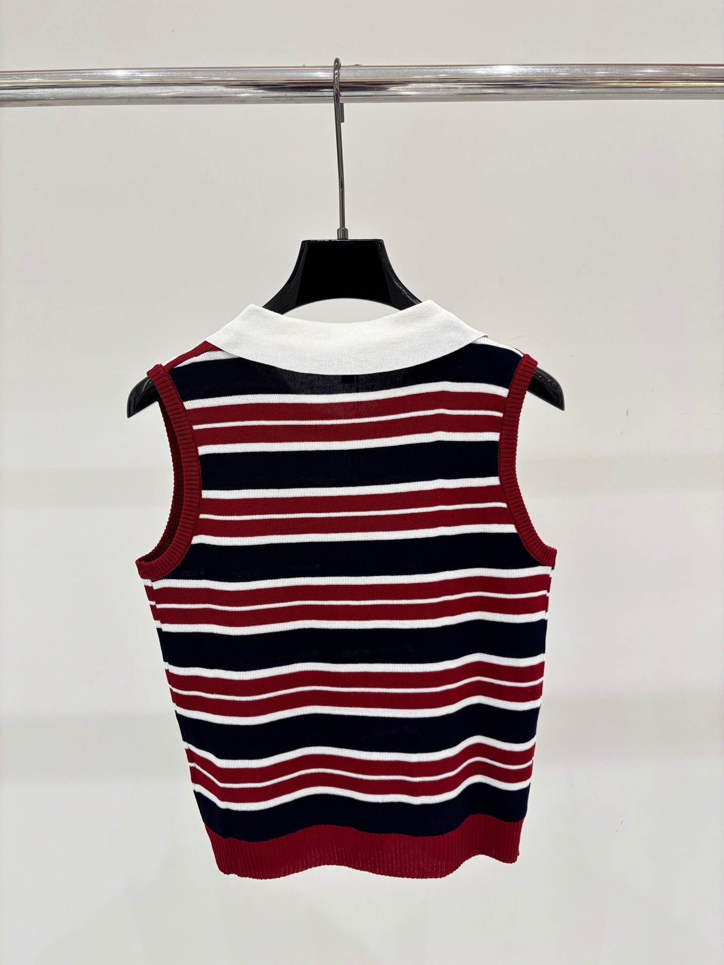 Chanel 2026 Striped Vest With Double C Logo Red White Blue Wool 394731