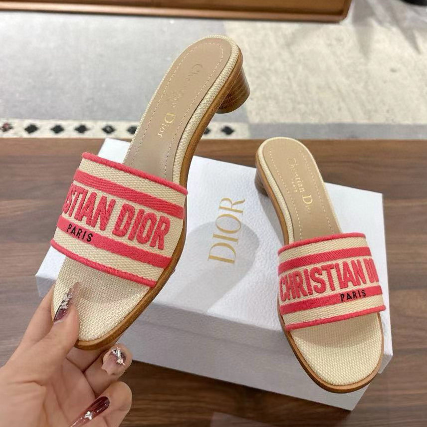 CD 26s Embroidered Sandals Beige Red Canvas Sheepskin 664315
