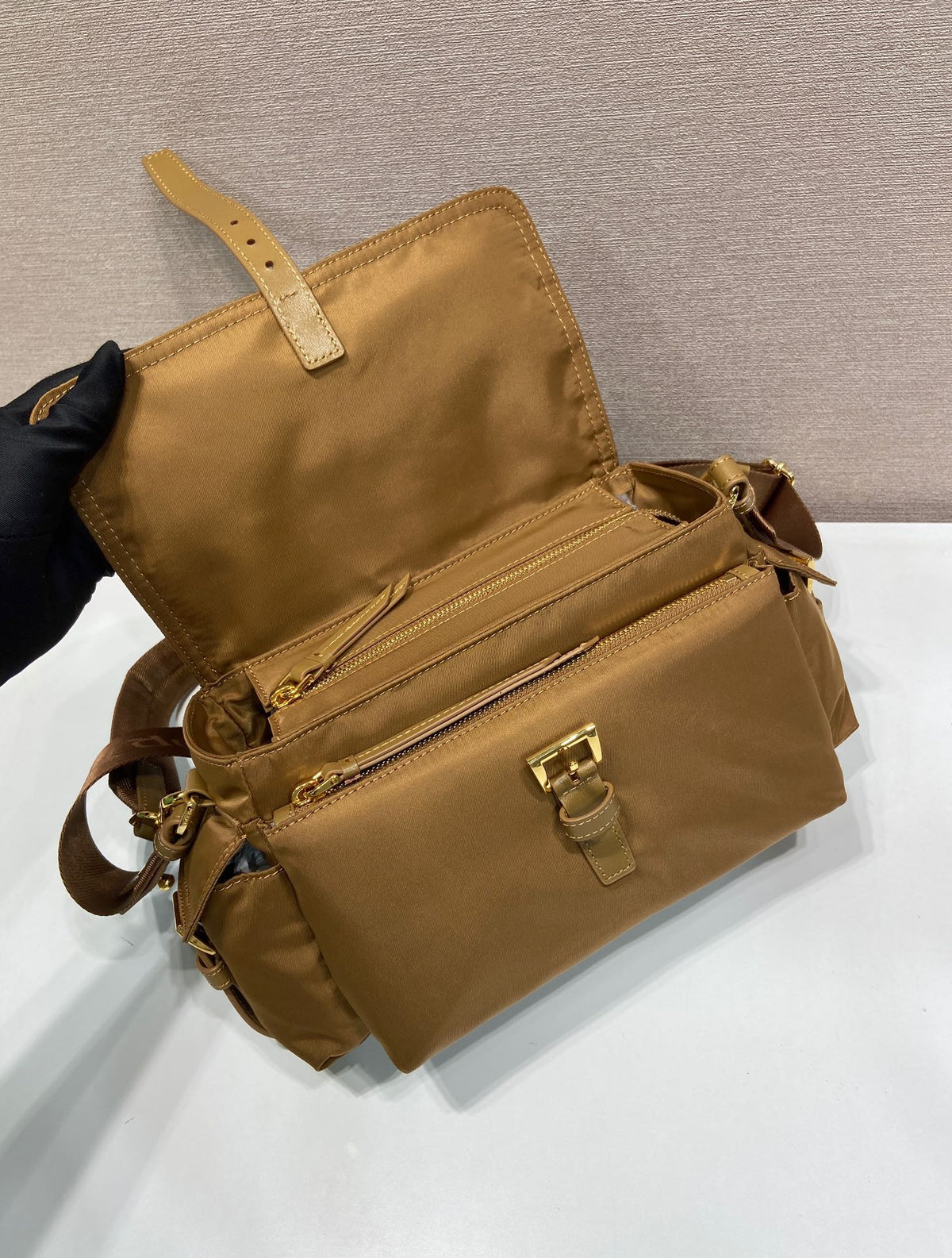 PRA Shoulder Bag Brown Re-Nylon and Saffiano Leather
