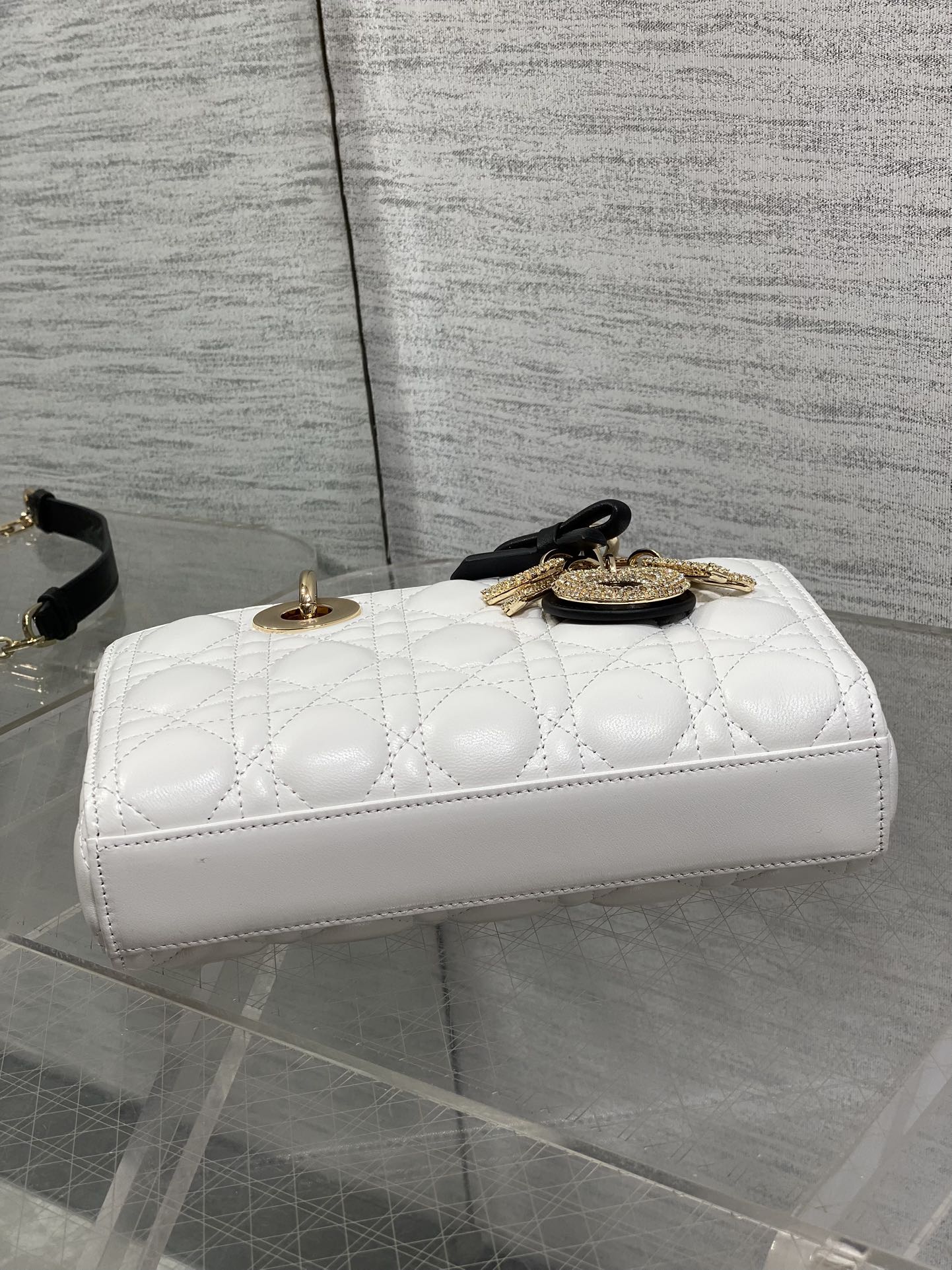 Dior 2026 Lady Bow D-Joy Bag White Black Lambskin With Diamond Hardware 284141