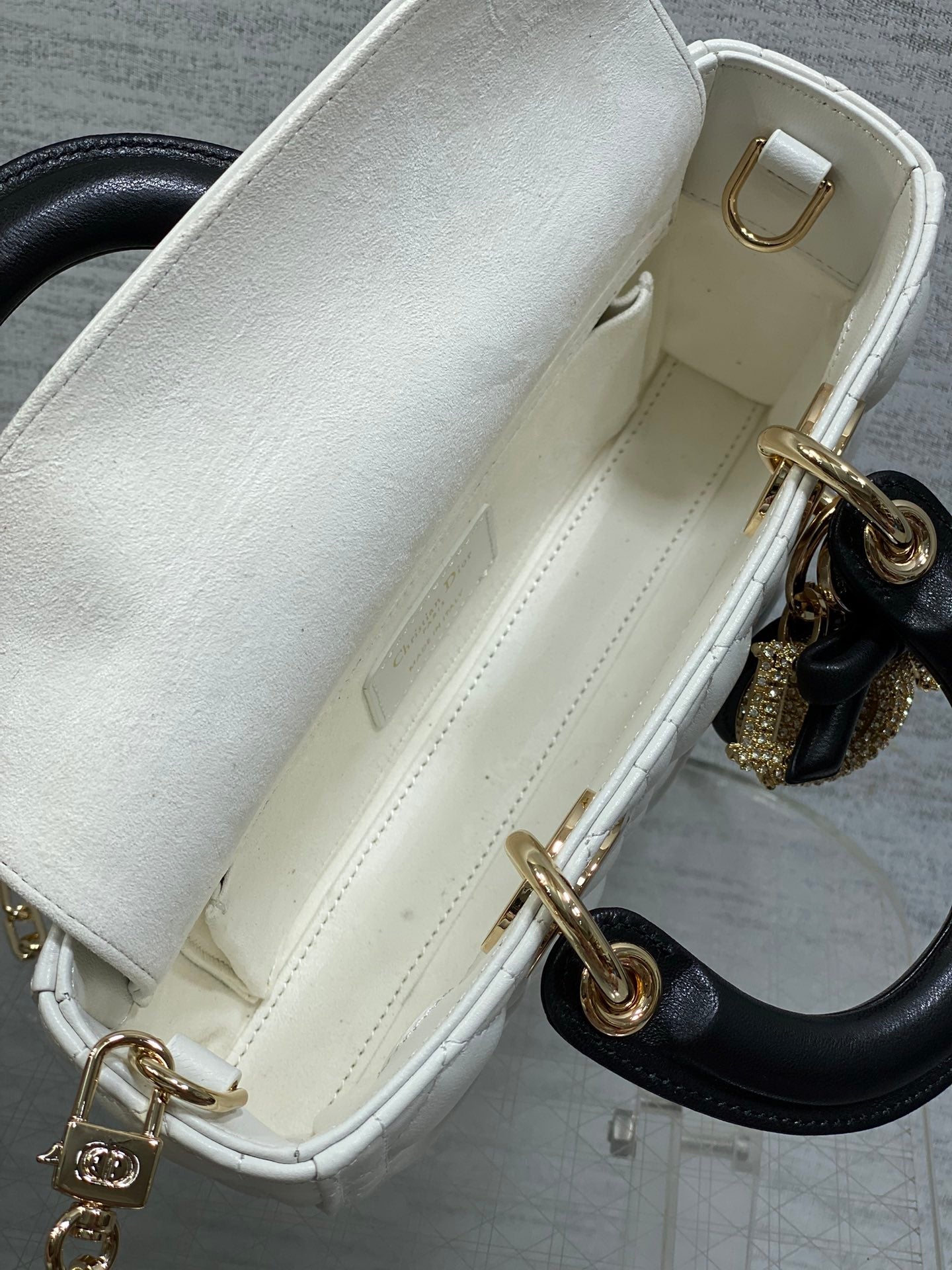 Dior 2026 Lady Bow D-Joy Bag White Black Lambskin With Diamond Hardware 284141