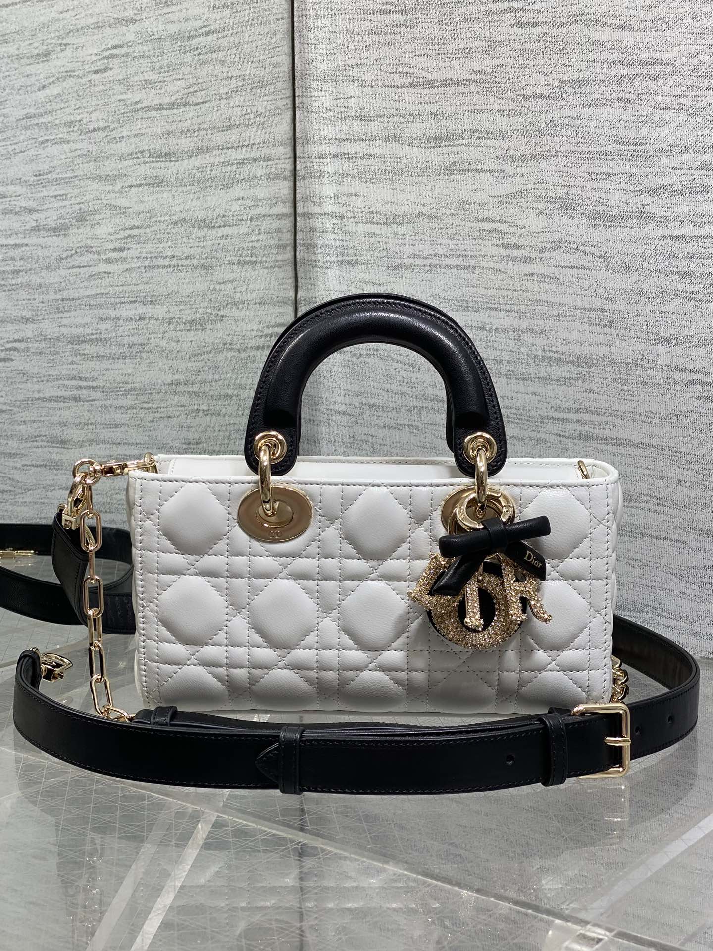 Dior 2026 Lady Bow D-Joy Bag White Black Lambskin With Diamond Hardware 284141