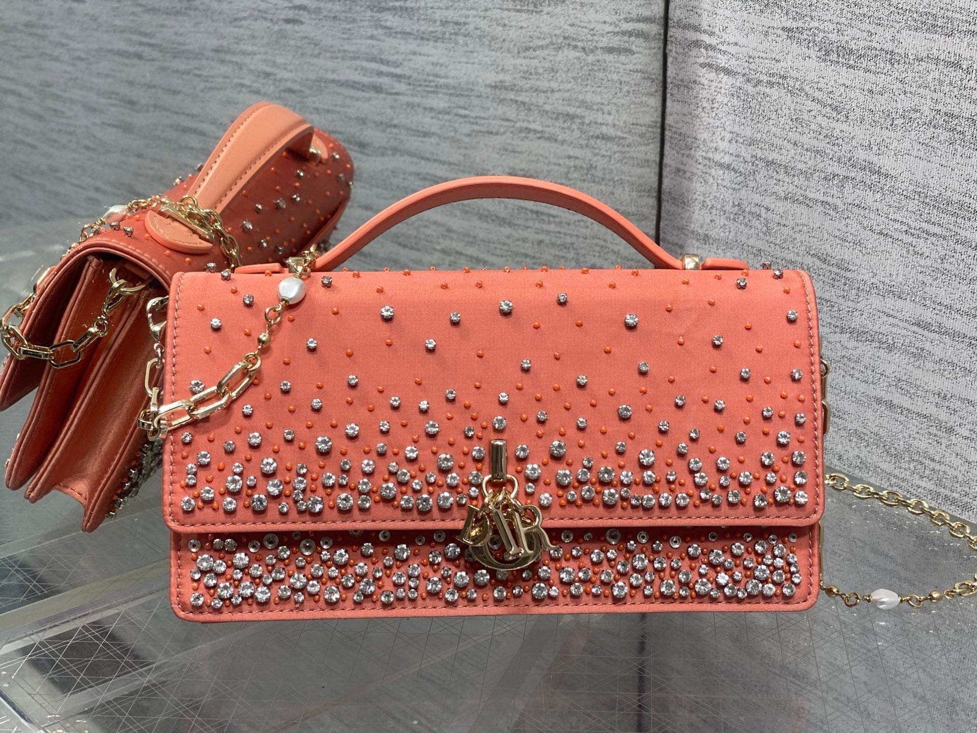 Dior 2026 Crystal Embellishments Lady Bag 24cm Coral Orange Leather 355276