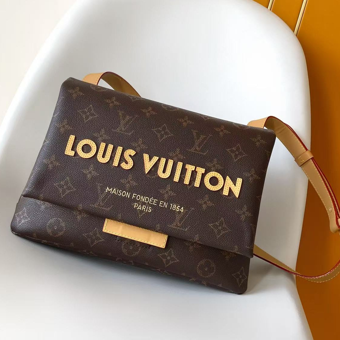 LV 2026 Take Out Messenger Bag 32cm Brown Beige Monogram Coated Canvas