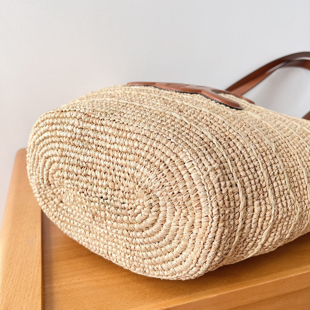 Celine Medium Supple Classic Panier 30cm Brown Calfskin Beige Raffia