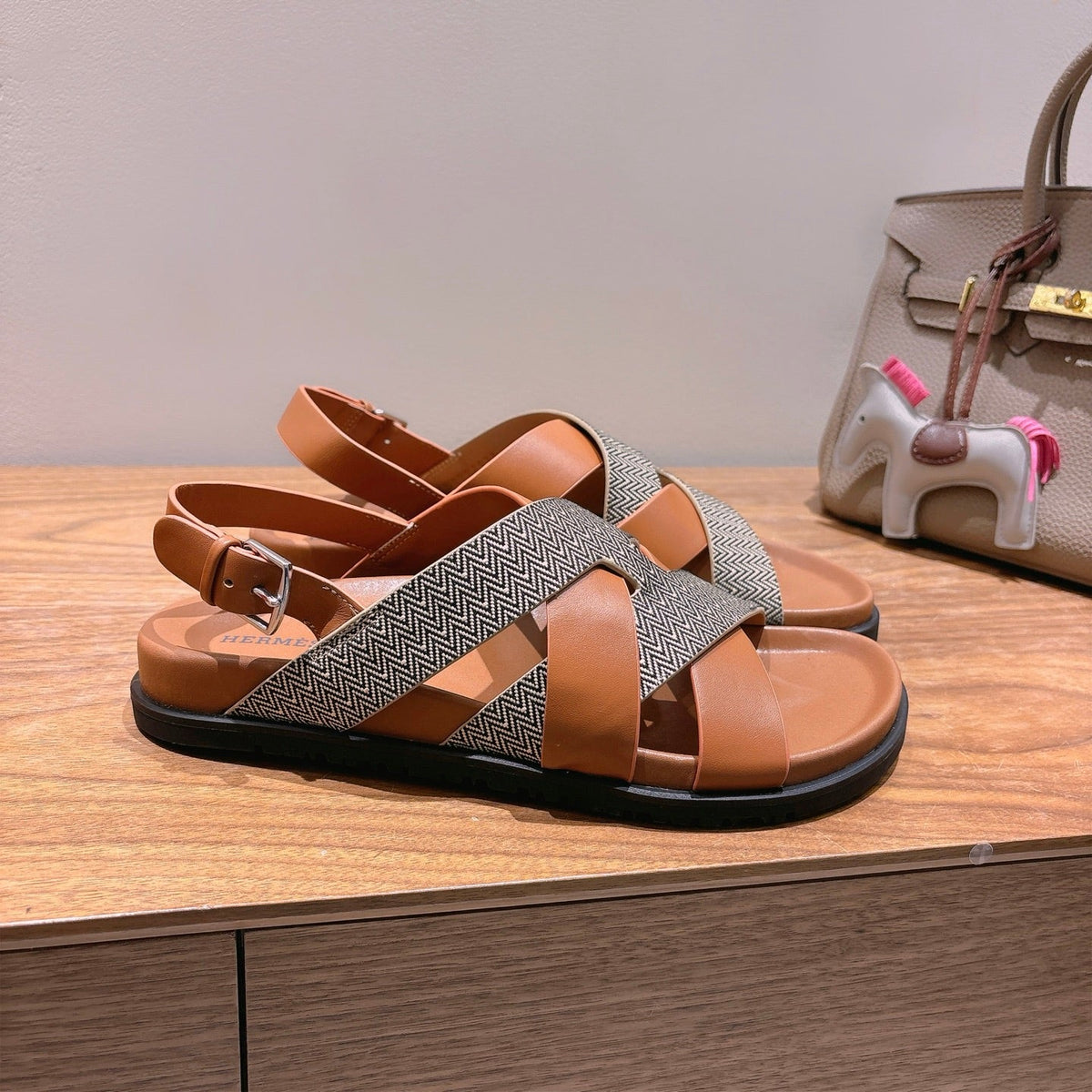 HM 25 Heracles Sandal Brown Calfskin Dark Grey Canvas