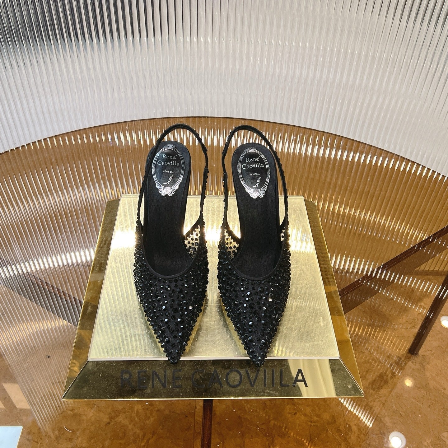 RC  Slingback Shoes Black Rhinestone Sheepskin 281981