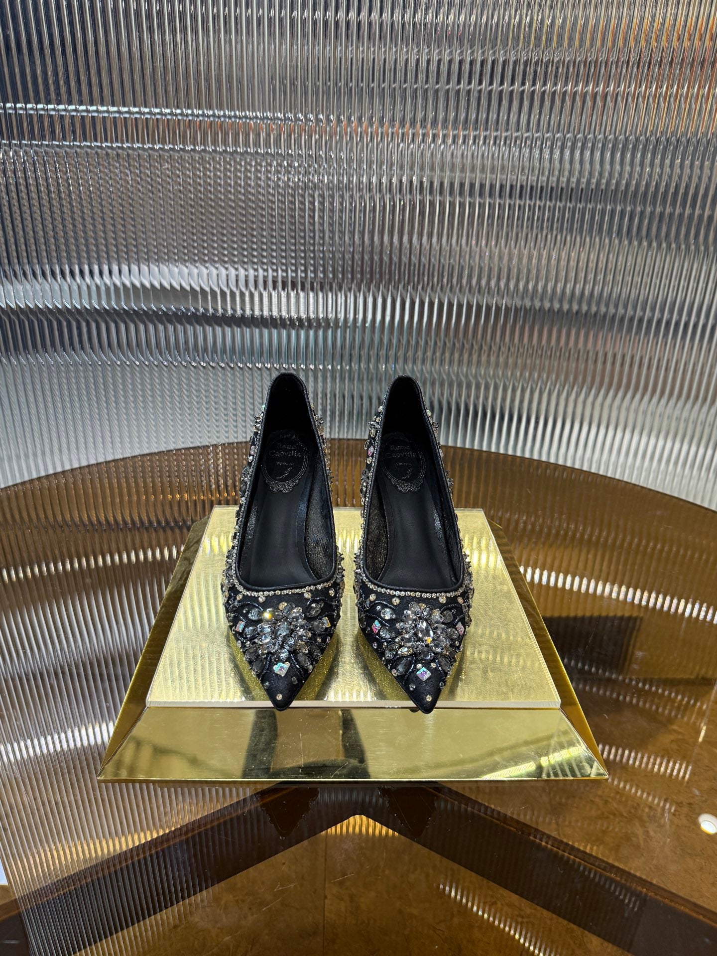 RC 25C Crystal Pearl Gem Lace High Heels Black Sheepskin 275754