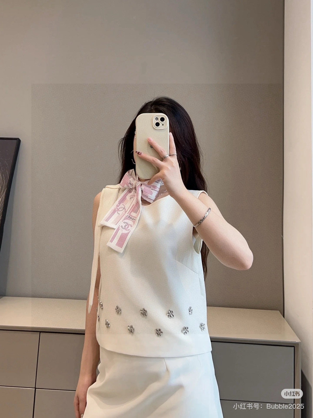CC  Twilly Mini Scarf 120cm White Pink Mulberry Silk 924596