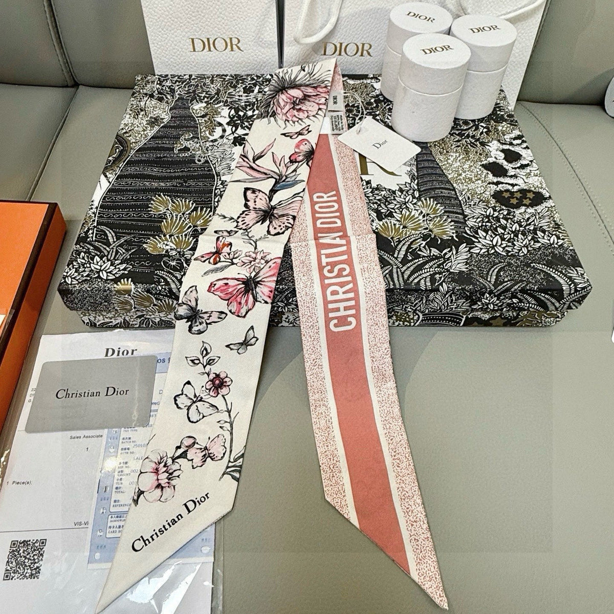 CD Twilly Mini Scarf 105cm Pink Black White Mulberry Silk 935252