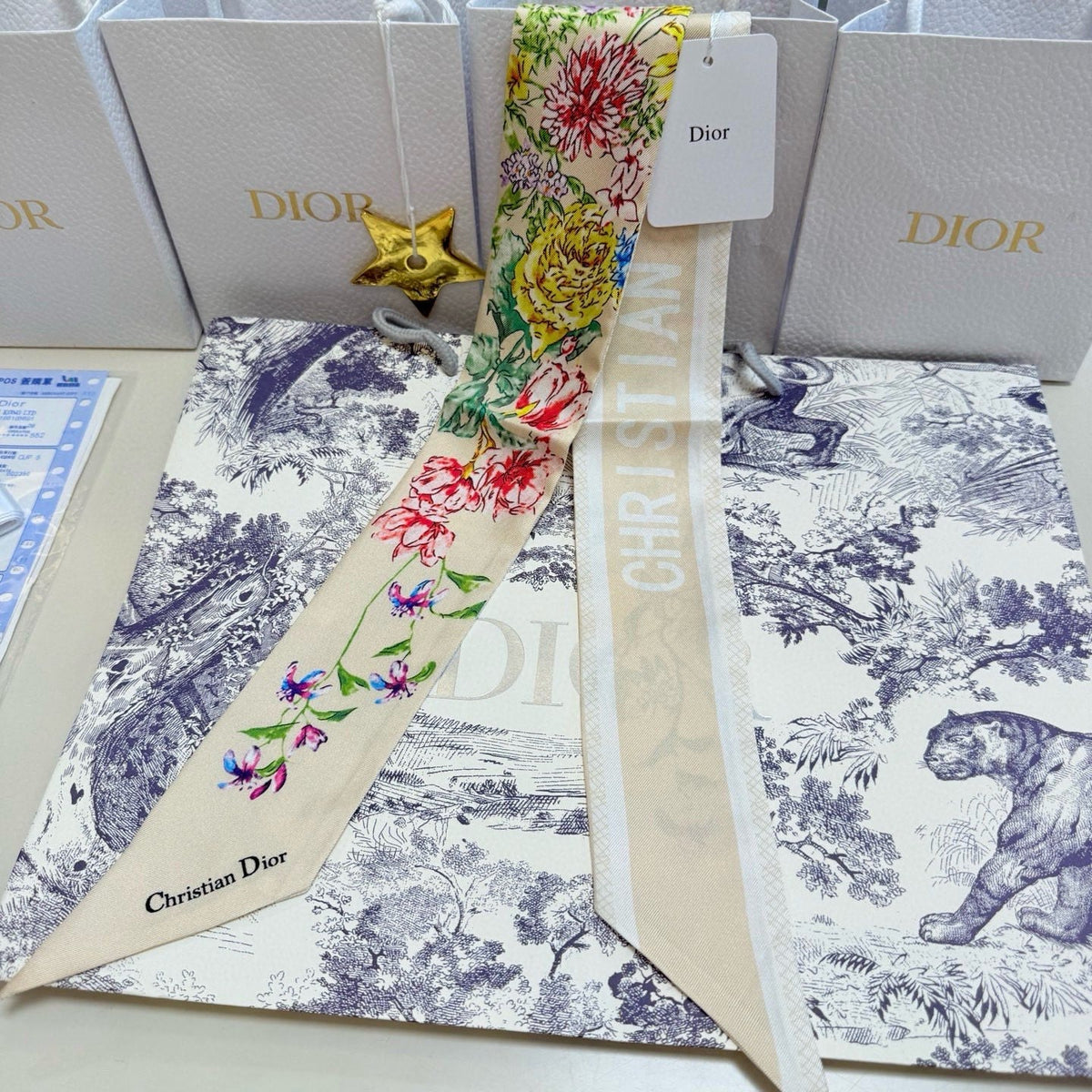 CD Twilly Mini Scarf 100cm Beige Colorful Mulberry Silk 958857