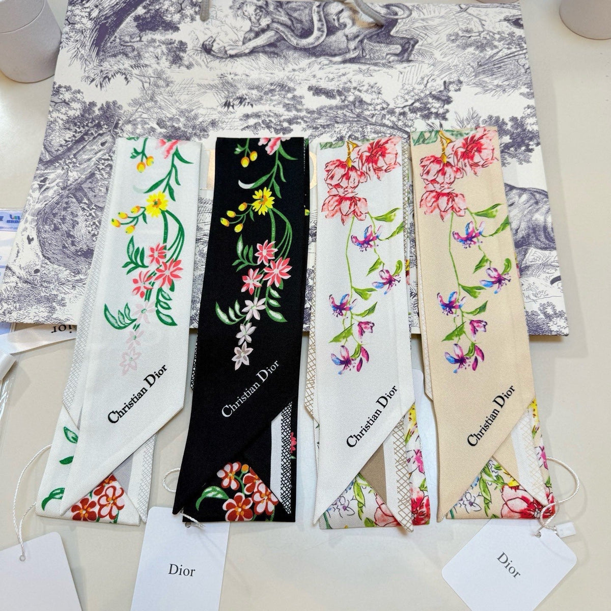 CD Twilly Mini Scarf 100cm Beige Colorful Mulberry Silk 958857