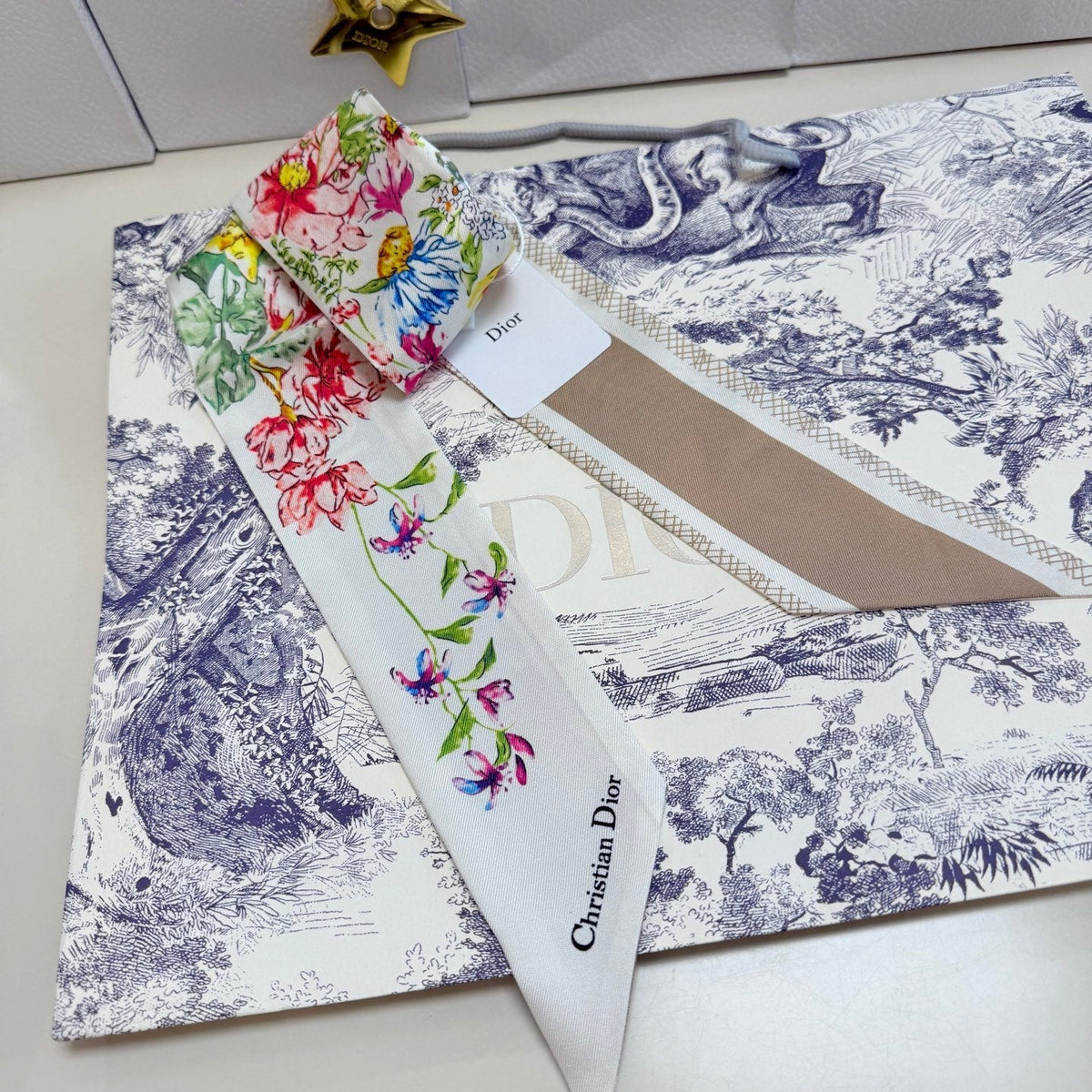 CD Twilly Mini Scarf 100cm Beige Colorful Mulberry Silk 958858