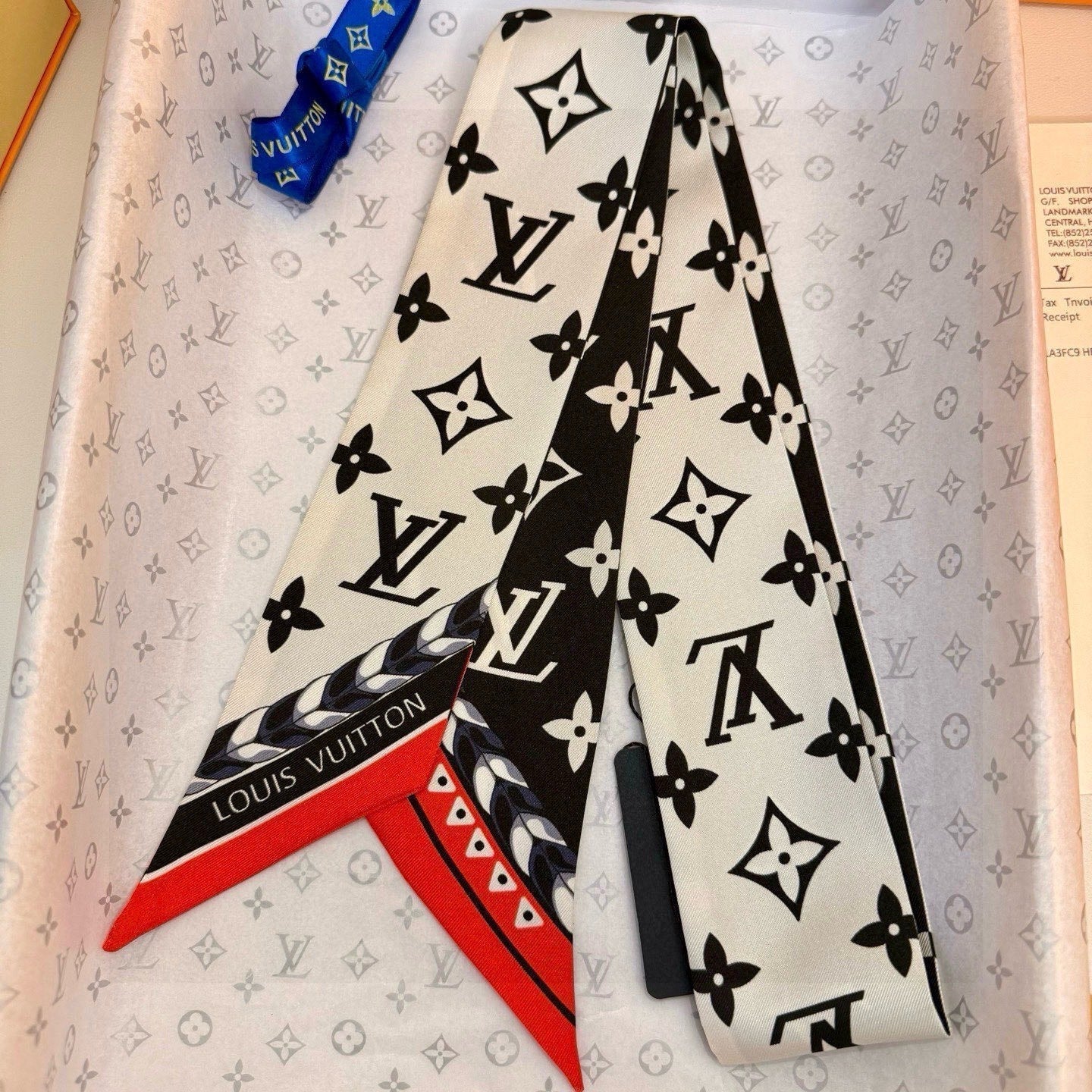 LV  Twilly Mini Scarf 120 Black Beige Silk Twill 967459