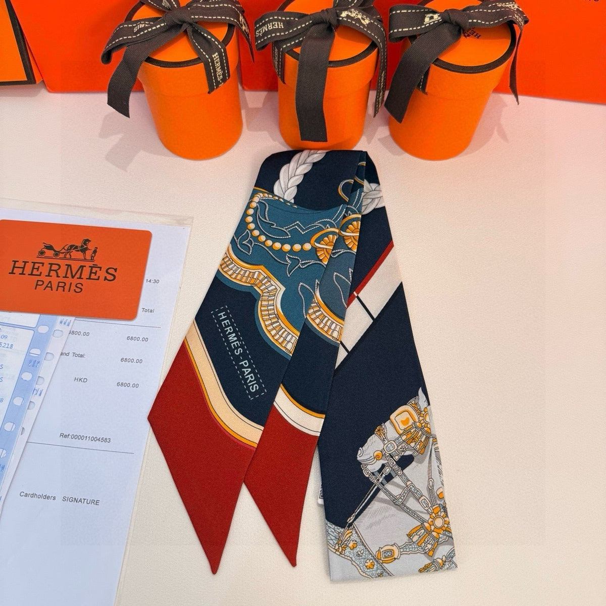 HM Twilly Mini Scarf 86CM Orange Black Blue Mulberry Silk 968827