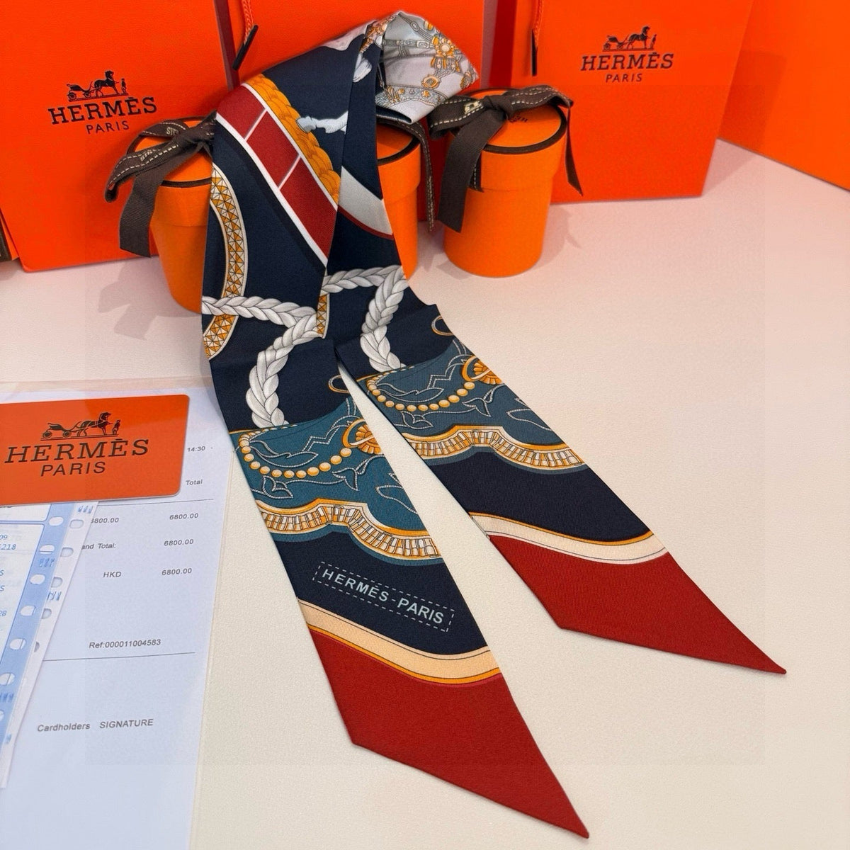 HM Twilly Mini Scarf 86CM Orange Black Blue Mulberry Silk 968827