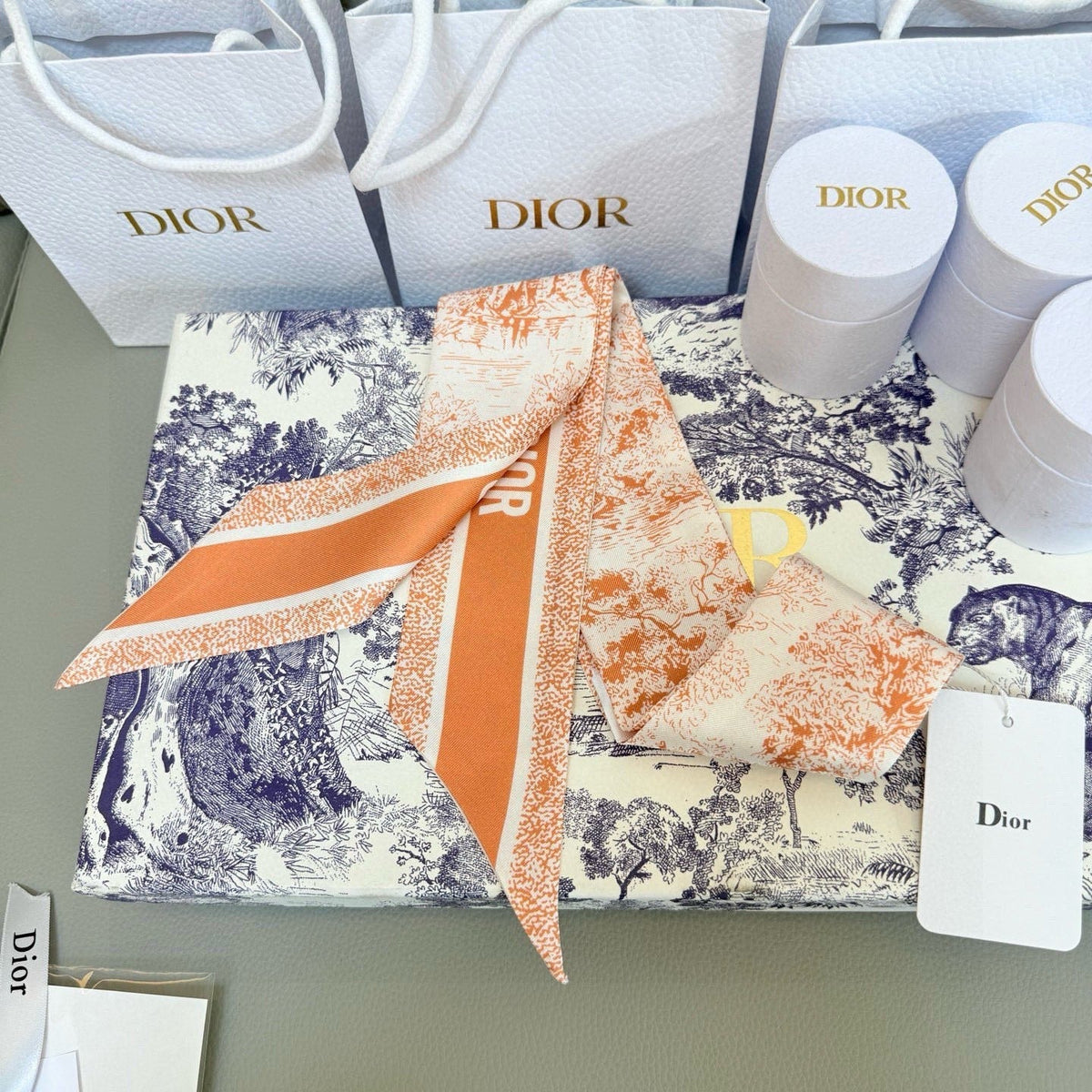 CD Twilly Mini Scarf 105cm Orange White Mulberry Silk 976490