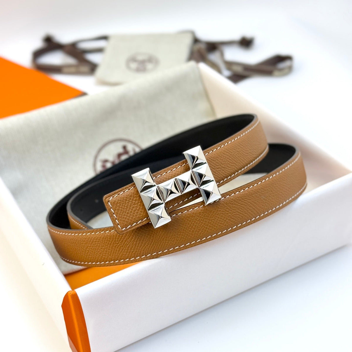 HM Infini Reversible Belt 24mm Brown Epsom Silver Buckle