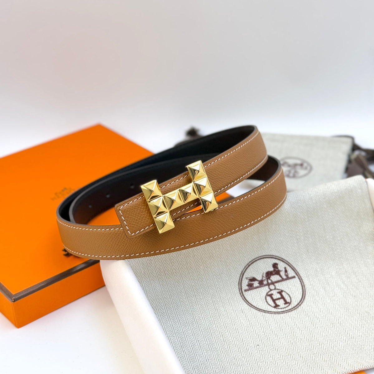 HM Infini Reversible Belt 24mm Brown Epsom Gold Buckle