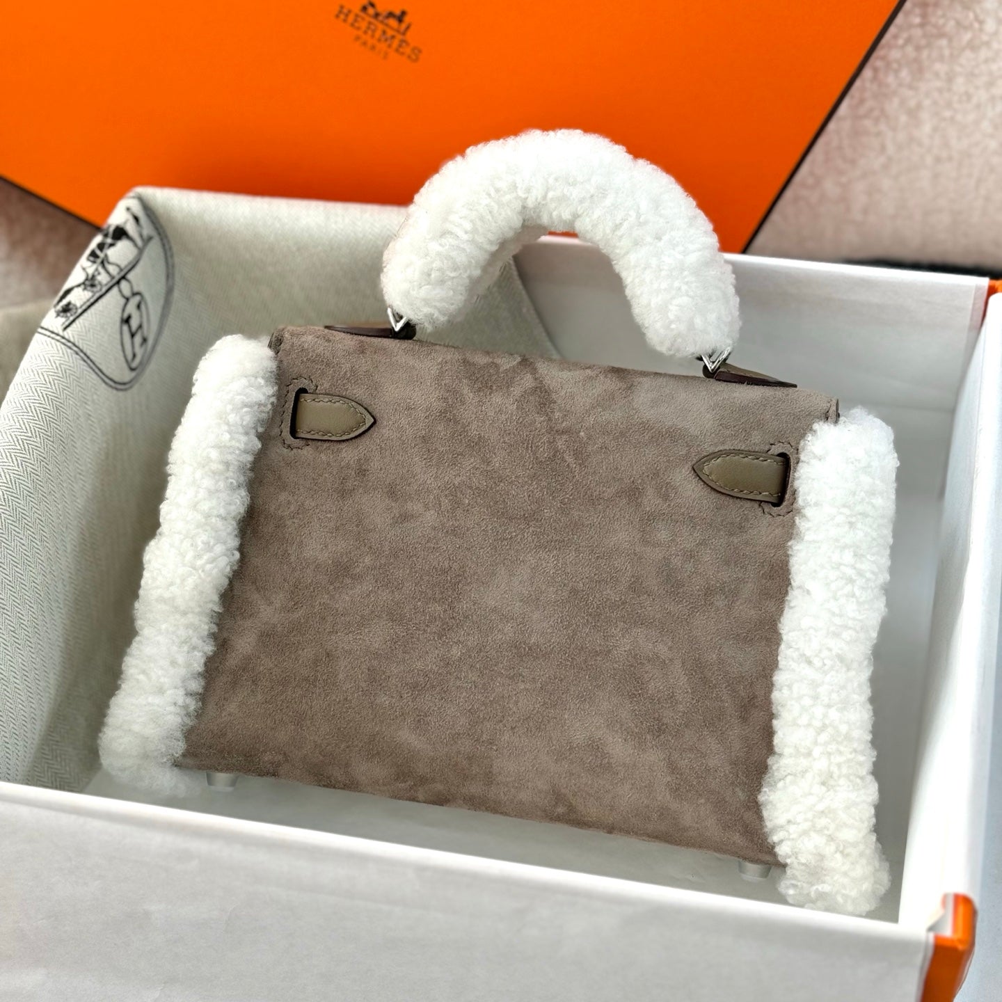 Hermes 2026 Mini Kelly Bag Etoupe Suede Wool 284469