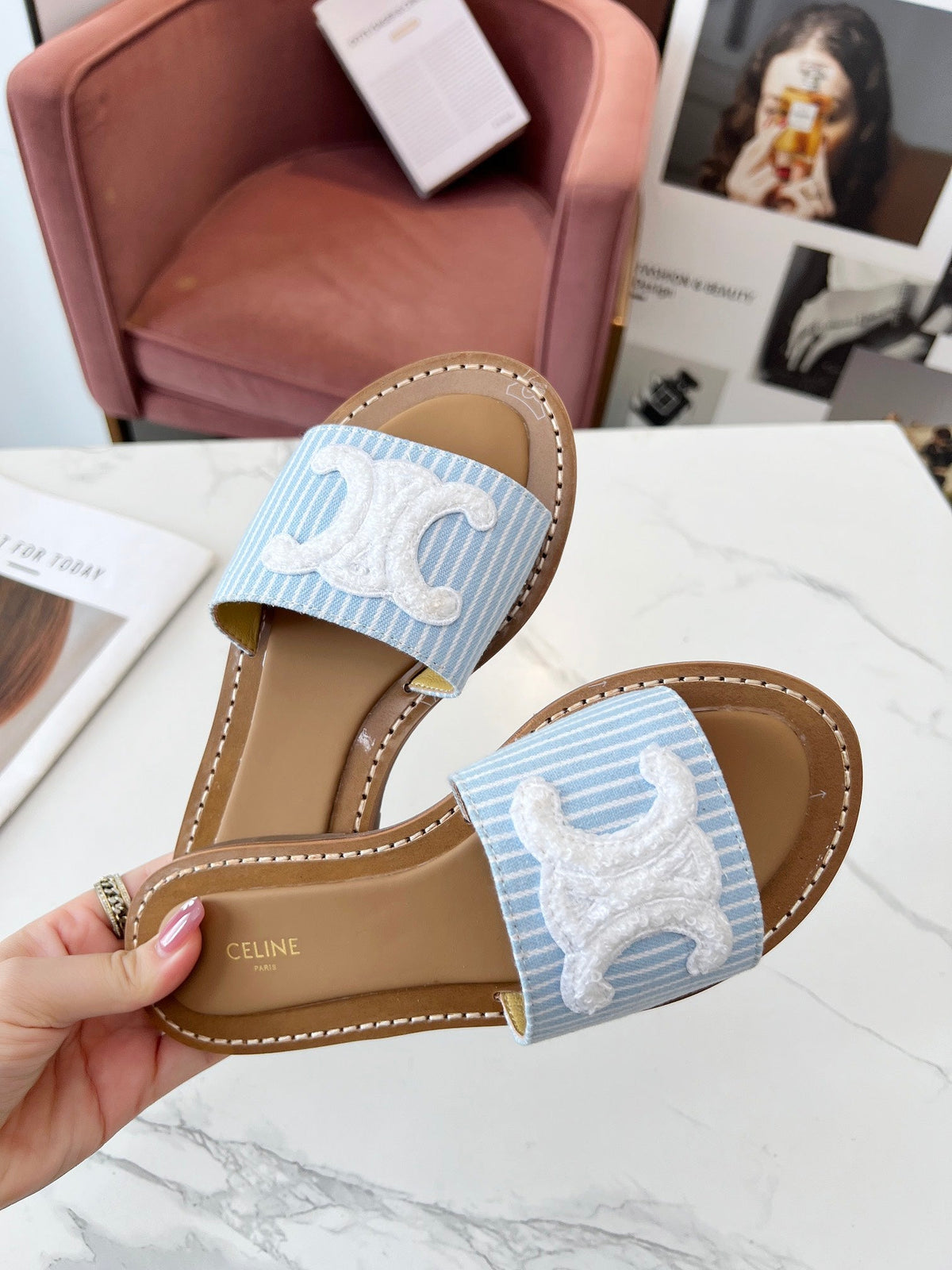 Celine 25C Slippers Baby Blue mix White Fabric with Calfskin 238165