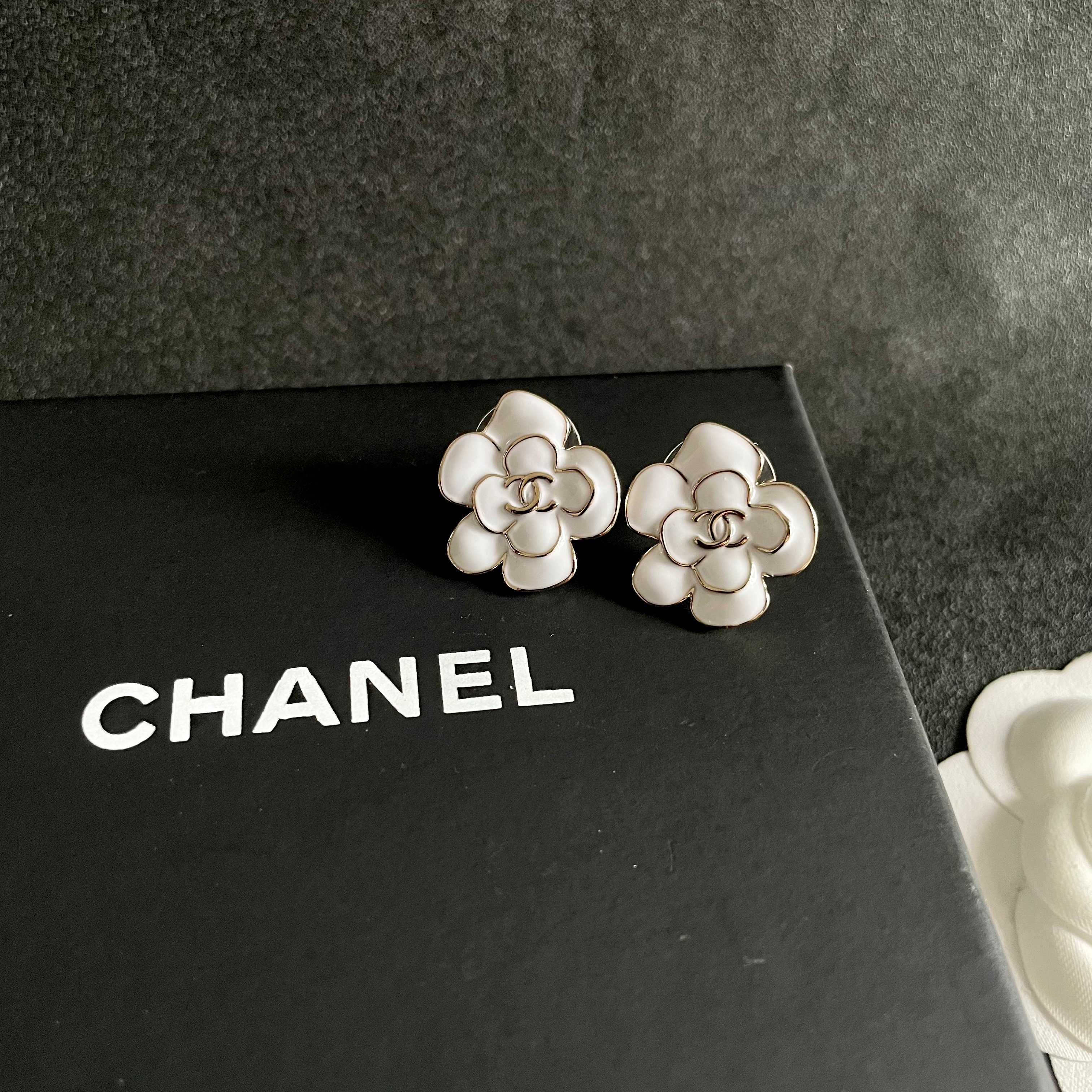 CC Camellia Double C White Gold Earrings