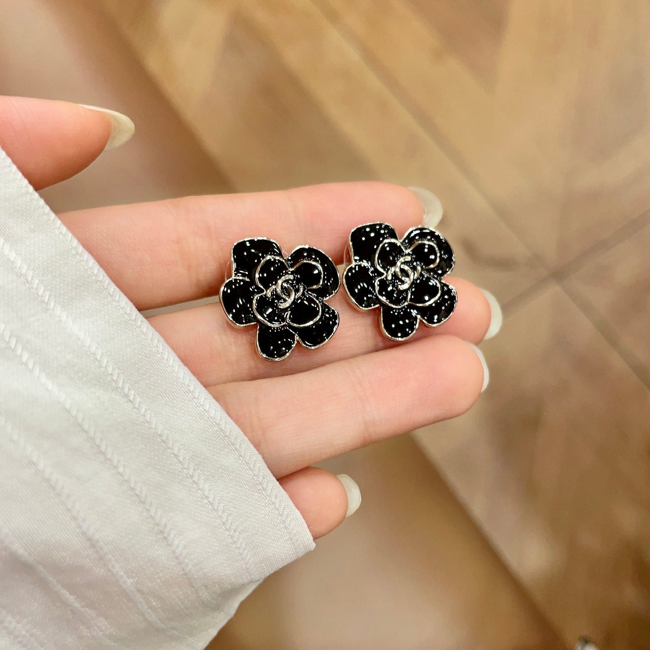 CC Camellia Double C Black Gold Earrings