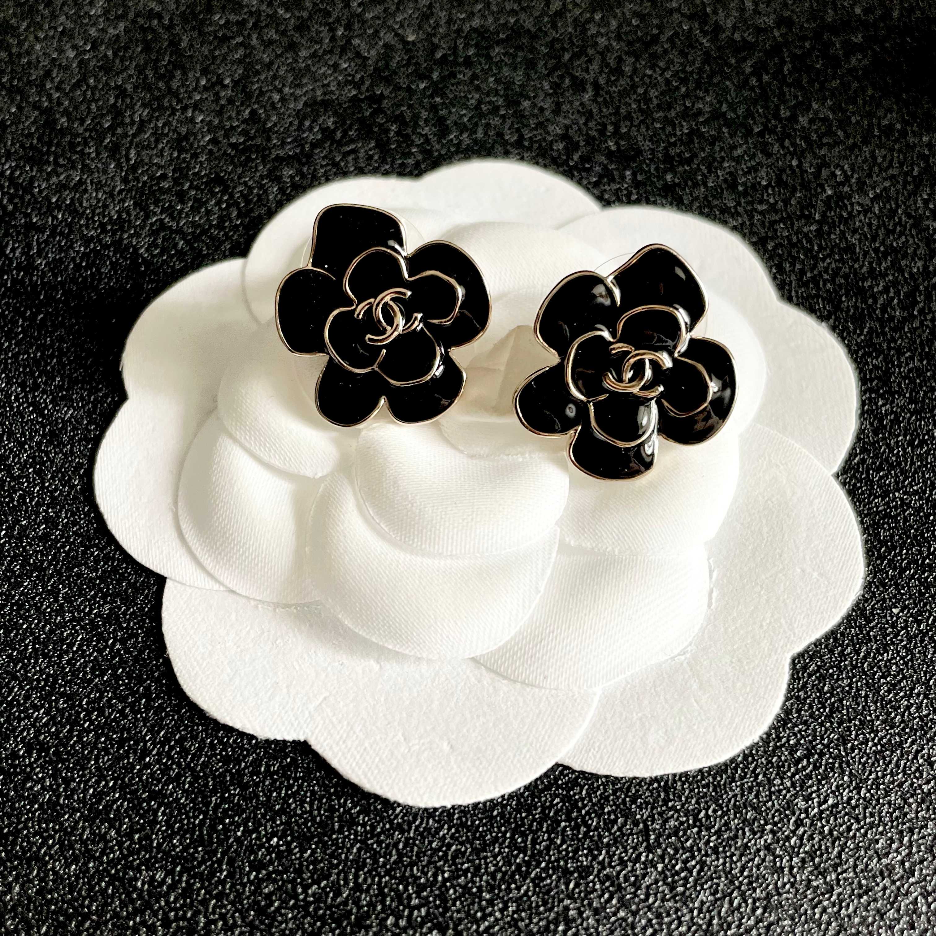 CC Camellia Double C Black Gold Earrings